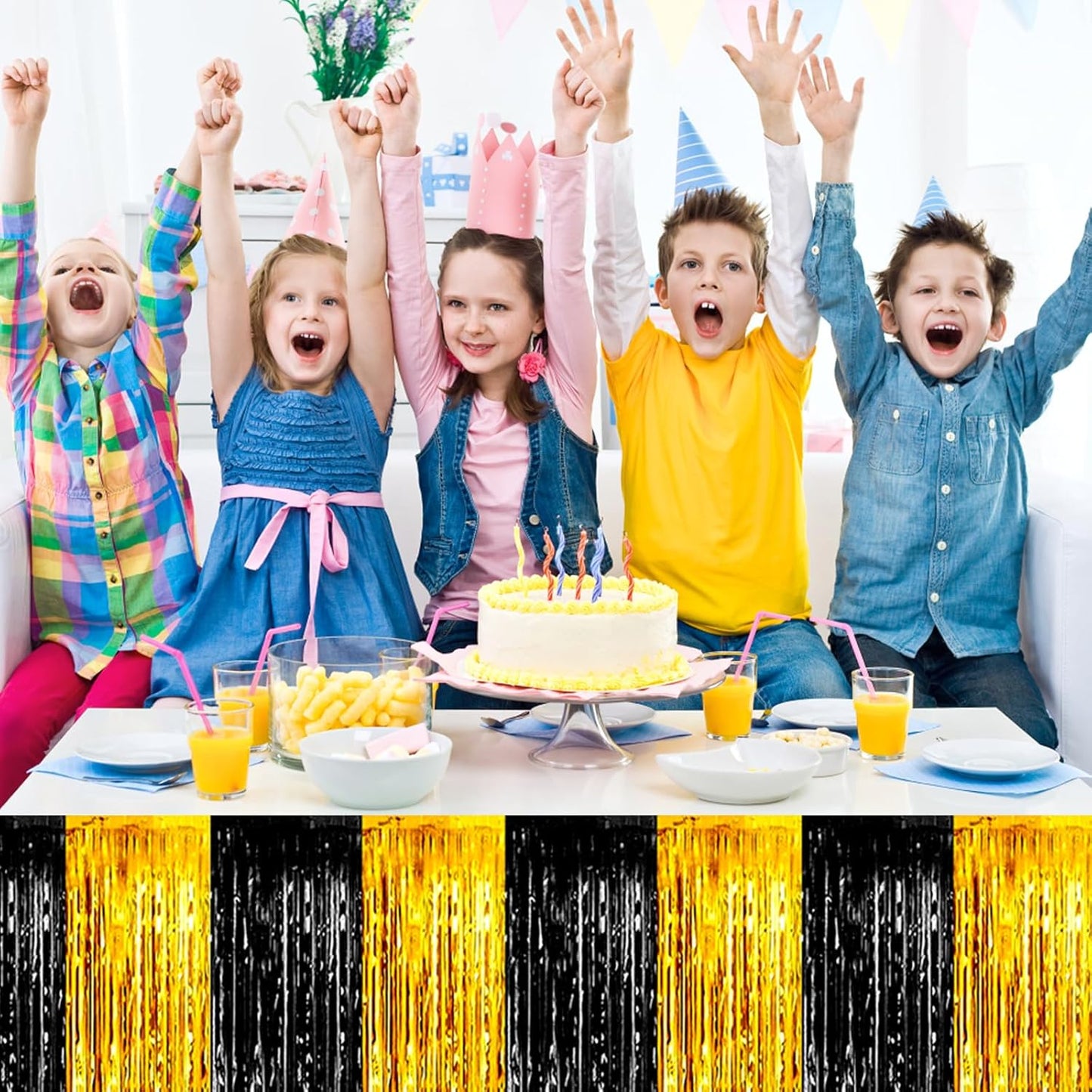 3 Pack 29 x108 Inch Black Gold Foil Fringe Table Skirts Metallic Banner for Tinsel Streamer Garland Backdrop for Parade Floats Wedding Thanksgiving Birthday Christmas New Year Party Decoration