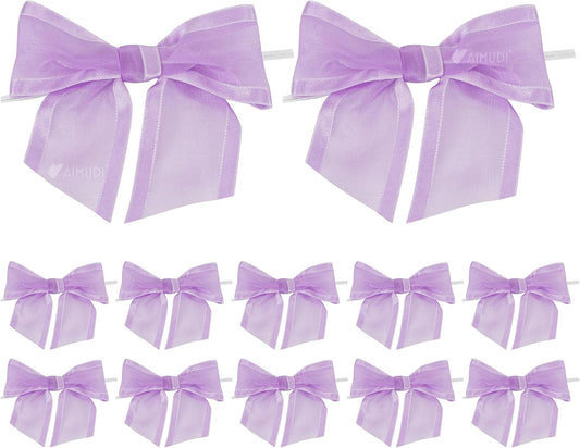 AIMUDI Purple Bows for Crafts 4" Lavender Bows with Twist Ties Premade Lilac Bows Pre Tied Organza Bows for Treat Bags, Easter's Day, Cake Pop,Gift Wrapping,Baby Shower,Wedding Favor -12 Counts