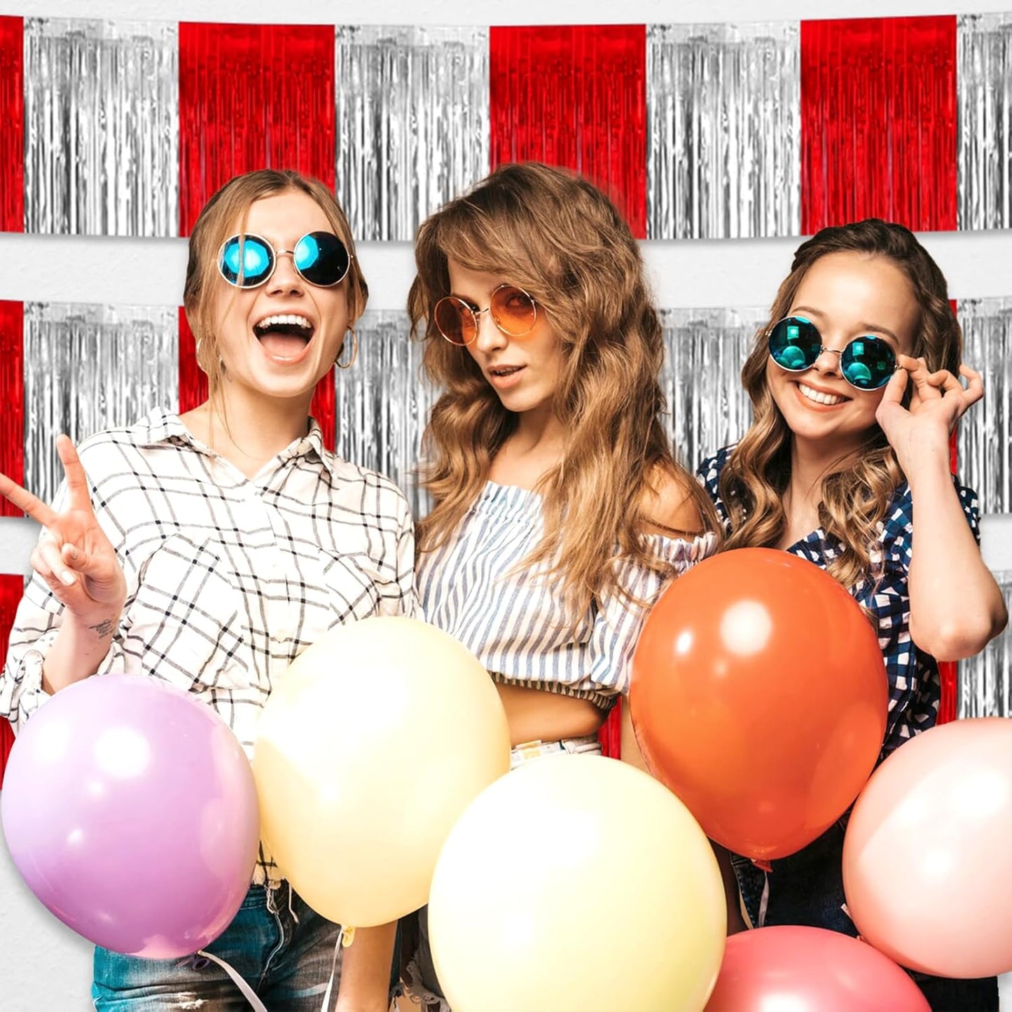 4 Pack 10 Feet Red Silver Foil Fringe Garland Metallic Tinsel Streamers Banner Wall Hanging Curtain Backdrop for Parade Floats, Wedding, Graduate, Mother's Day, Birthday Party Decoration