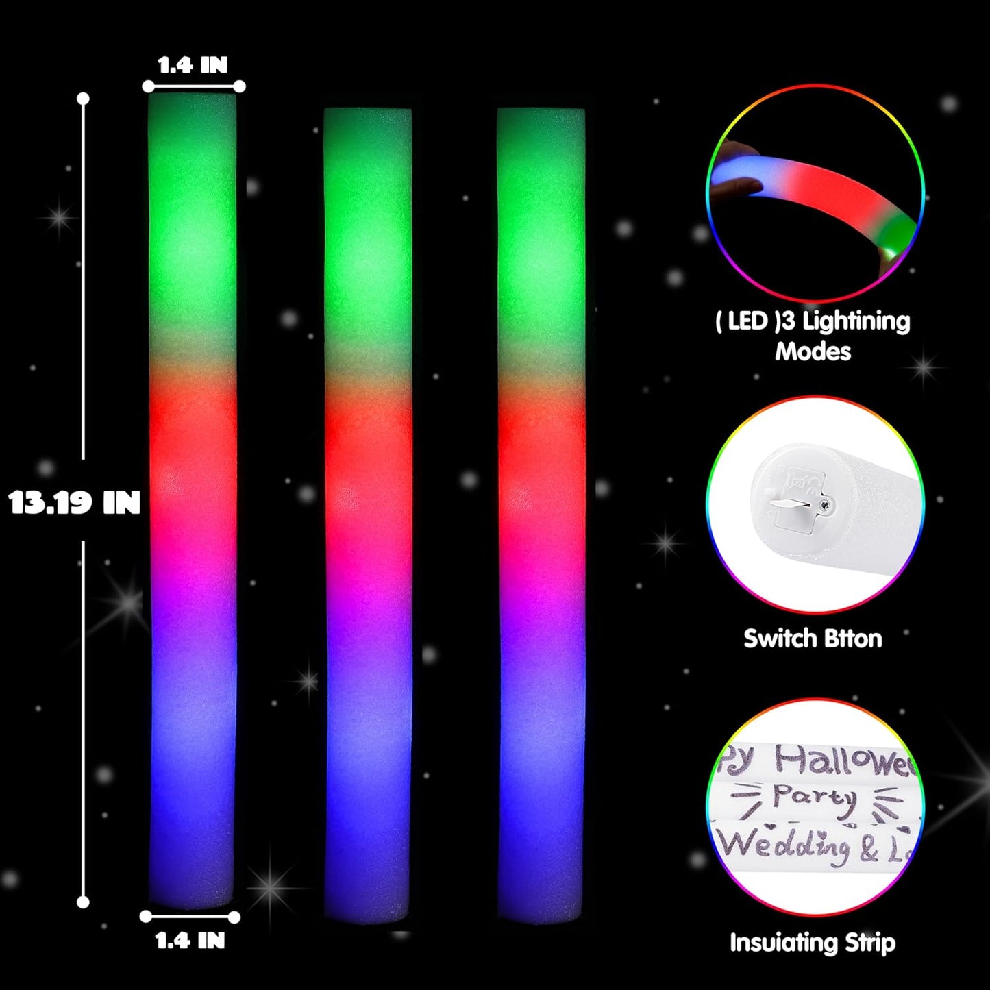 JOYIN 42 PCS LED Light Up Foam Sticks, Glow Sticks Party Favors Bulk with 3 Modes Color Flashing Glow Party Supplies for Halloween, Spooky Celebrations, Wedding, Camping, Birthday, Raves, Carnival