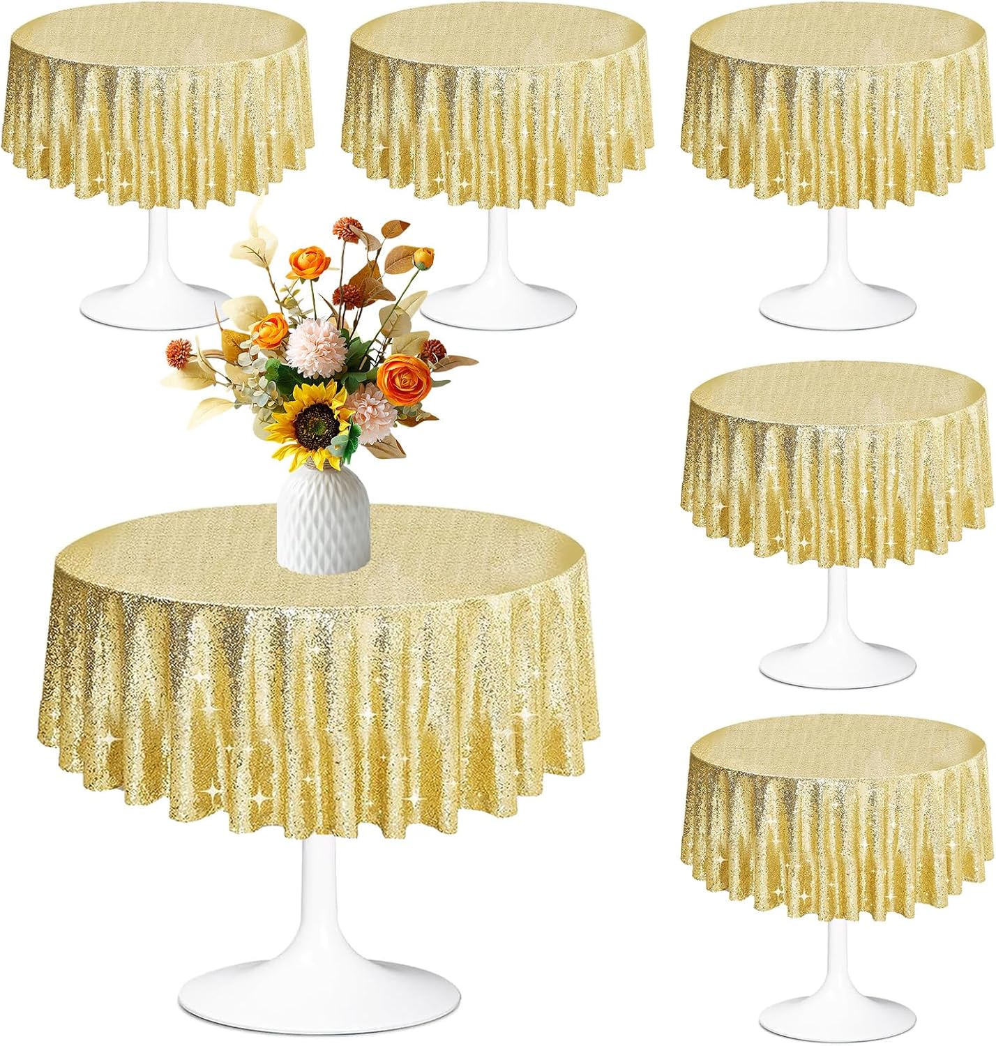 6 Pcs Gold Sequin Tablecloth 50 Inch Gold Round Tablecloth Overlay Round Table Cloth Golden Glitter Sequin Table Covers for Wedding Birthday Parties Holiday Banquet