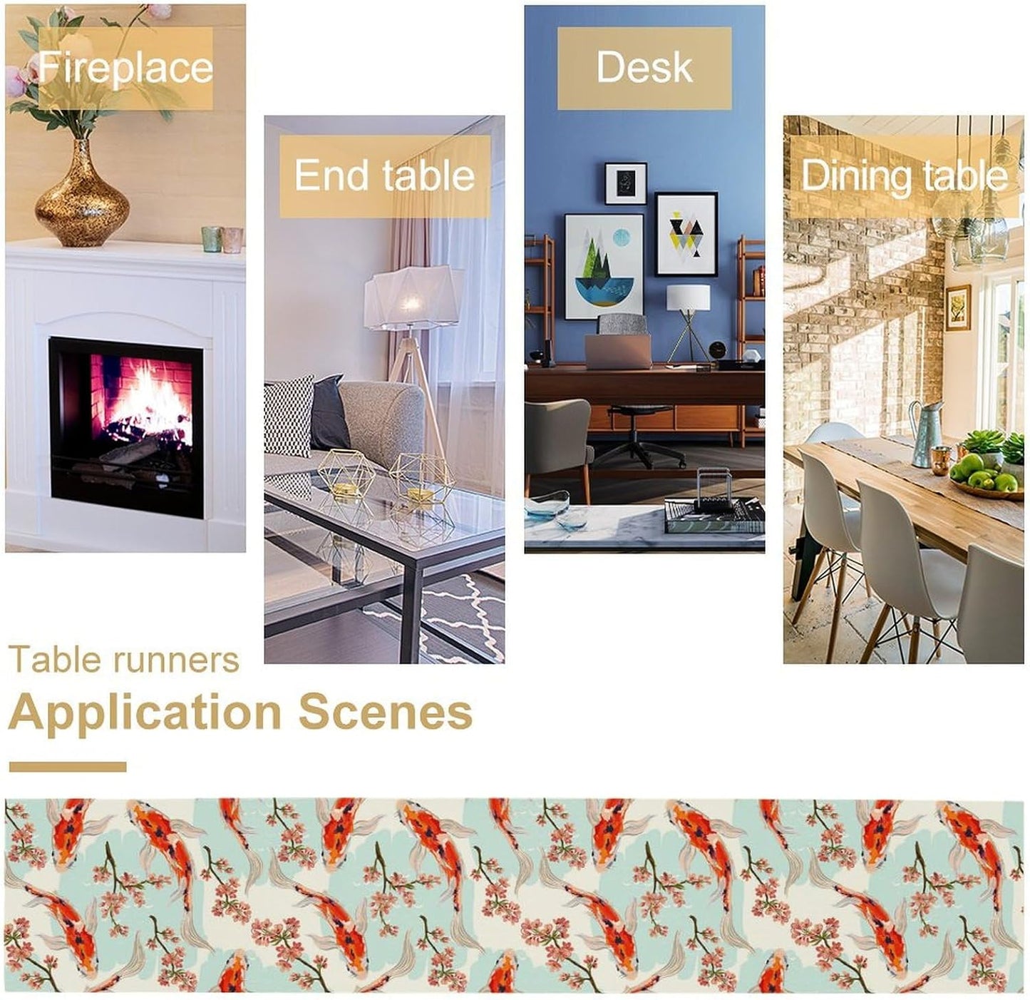 Japanese Kio Fish Table Runner Cherry Flower Art Printed Burlap Runner Home Kitchen Dining Table Living Room Decor Fabric 1 Panel W13xL108in