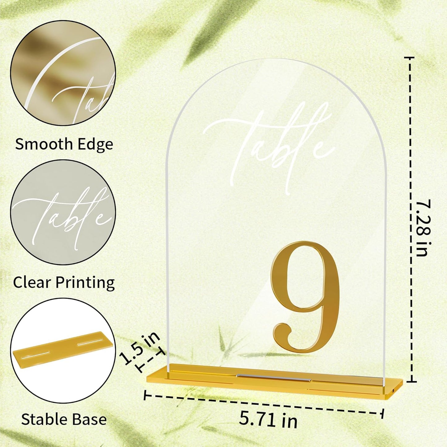Arch Wedding Table Numbers 1-10 with Stands, Elegant Gold Number 5.5 x 7” Arch Acrylic Signs with Holders, Clear Acrylic Table Numbers for Wedding Reception, Anniversary, Party, Events