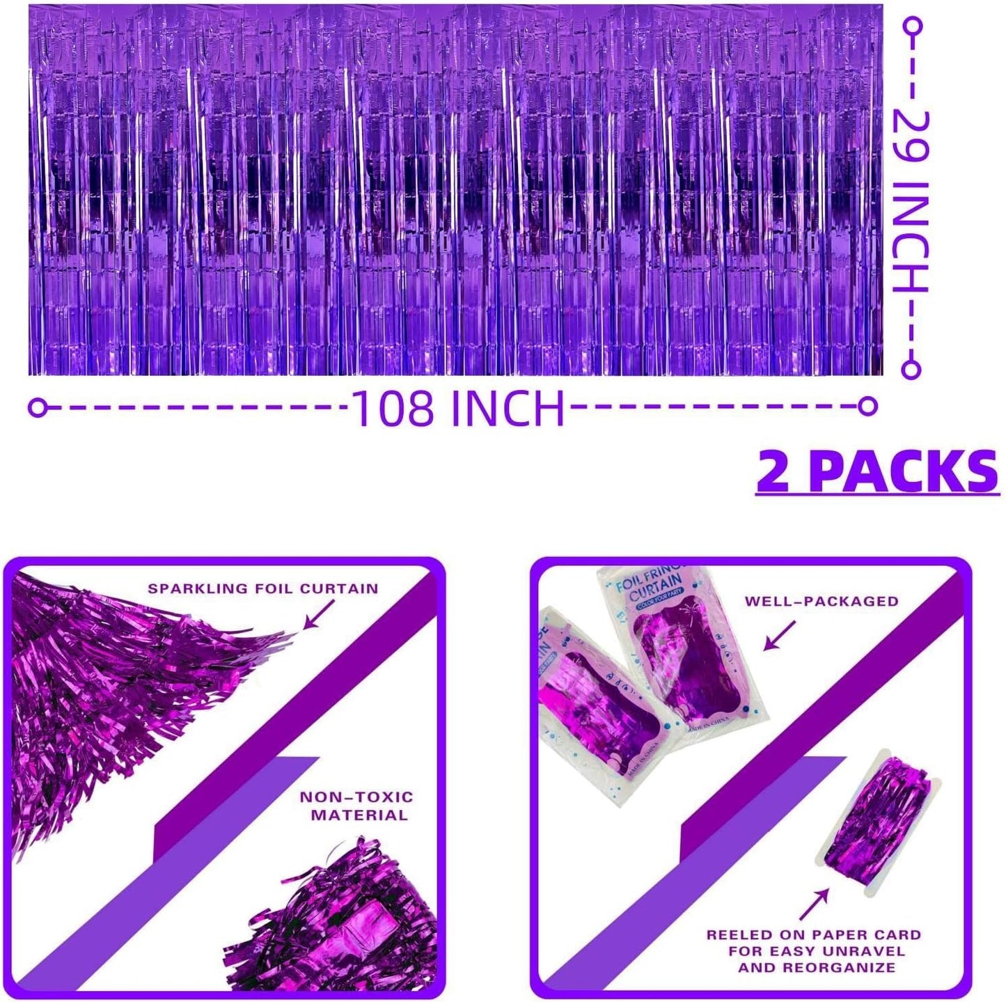 Purple Streamers Party Decorations, 2 Packs Purple Table Skirts Metallic Foil Fringe Tinsel for Birthday Graduation Mermaid Easter Wizard Float Parade Mardi Gras Halloween Party Supplies - 29x108 Inch