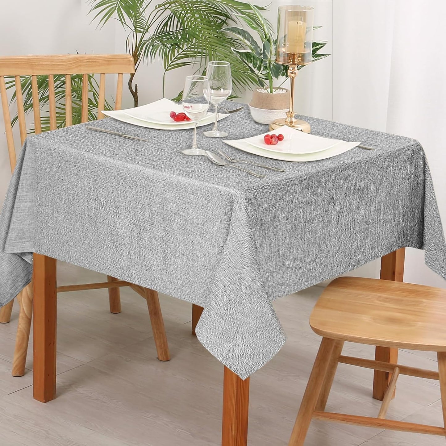 Hiasan Faux Linen Square Tablecloth - Wrinkle and Stain Resistant Washable Table Cloth for Kitchen Dining Room Holiday Table Cover for Dinner, Light Grey, 60 x 60 Inch