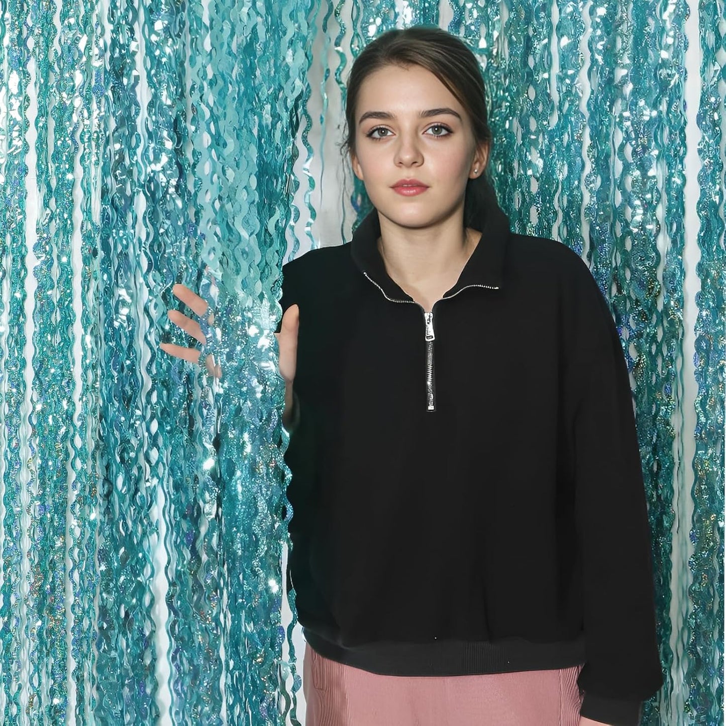 4 Pack 3.3 ft x 6.6 ft Wavy Sparkle Aqua Teal Blue Foil Curtain - Water Blue Foil Streamers for Holiday Bachelorette Ocean Themed Decor Winter Party Decorations Supplies