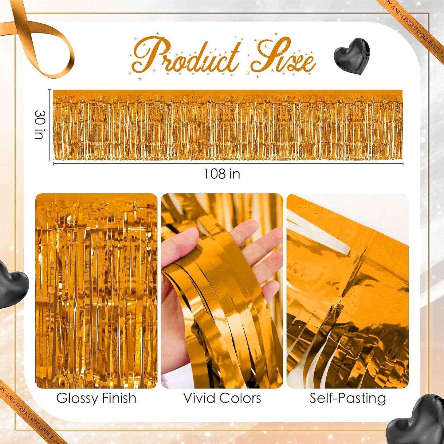 2 Pack Black Orange Table Skirts, 29x108" Metallic Foil Tinsel Fringe Table Skirt for Rectangle Tables Streamer Curtains Backdrop, Party Decorations for Birthdays, Weddings, Holidays