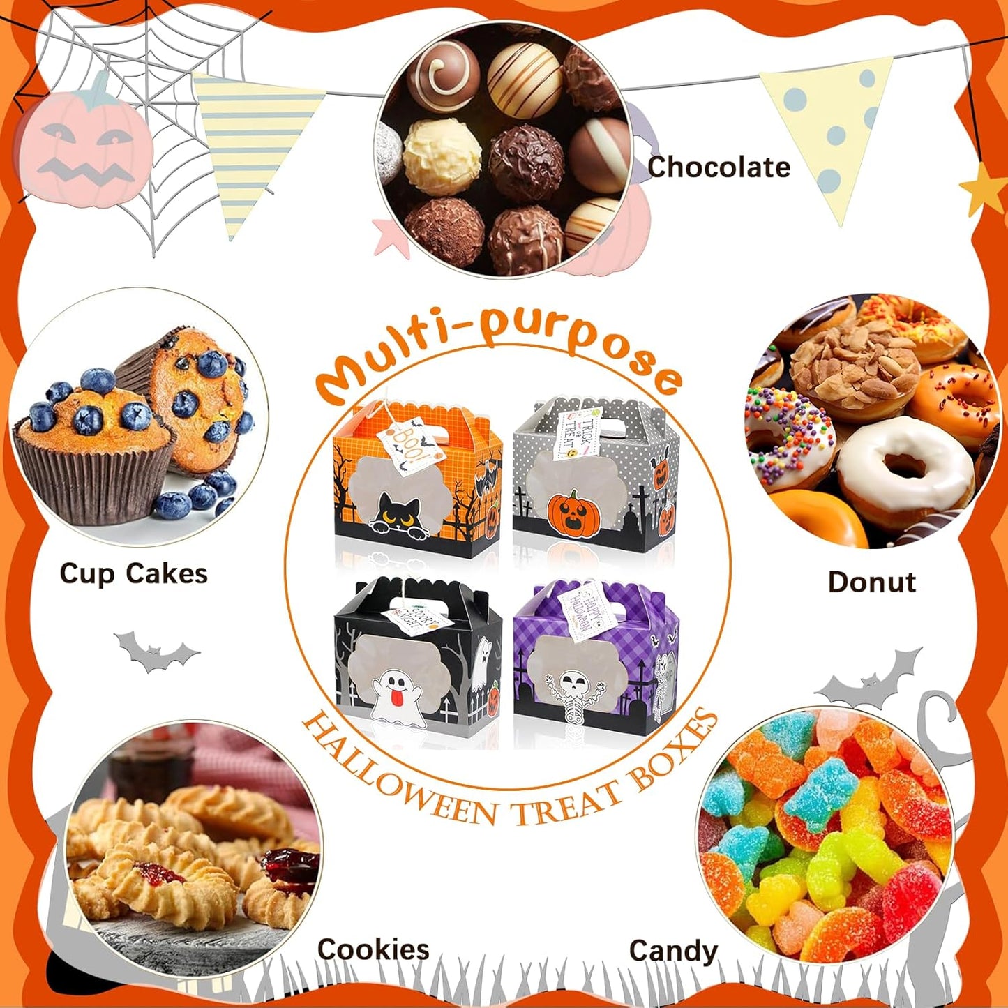 24 Pack Halloween Treat Boxes, Trick or Treat Candy Boxes with Window Halloween Party Favors Gift Goodie Boxes Supplies for Cookie Biscuit Donuts Dessert Cupcake Pie