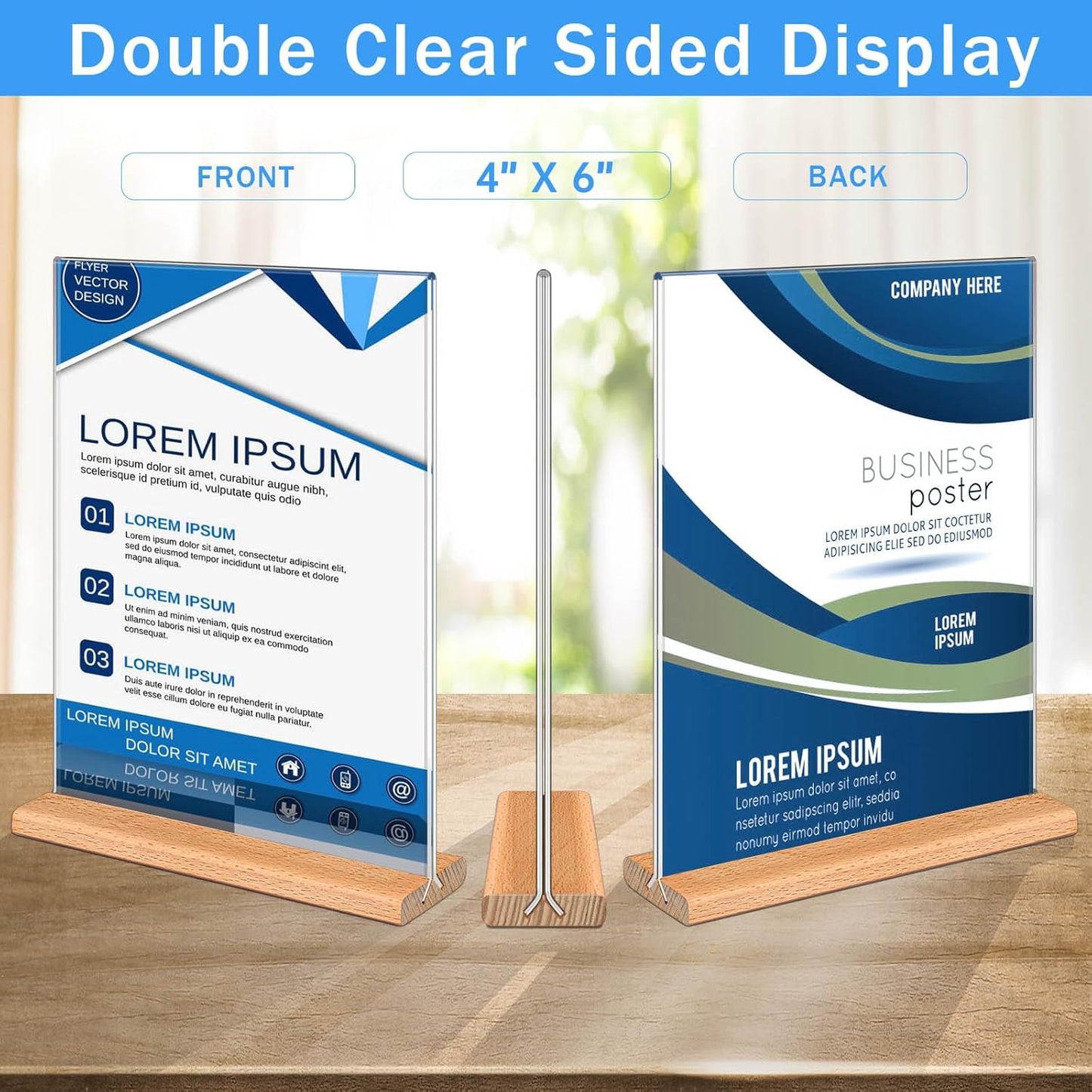 Kersally Acrylic Sign Holder 4 x 6, 3 Pack Double-Sided Clear Table Display Stands with Wood Base,Vertical Acrylic Frame Menu Flyer Paper Holder for Stores, Restaurants, Hotels, Office, Show Fair