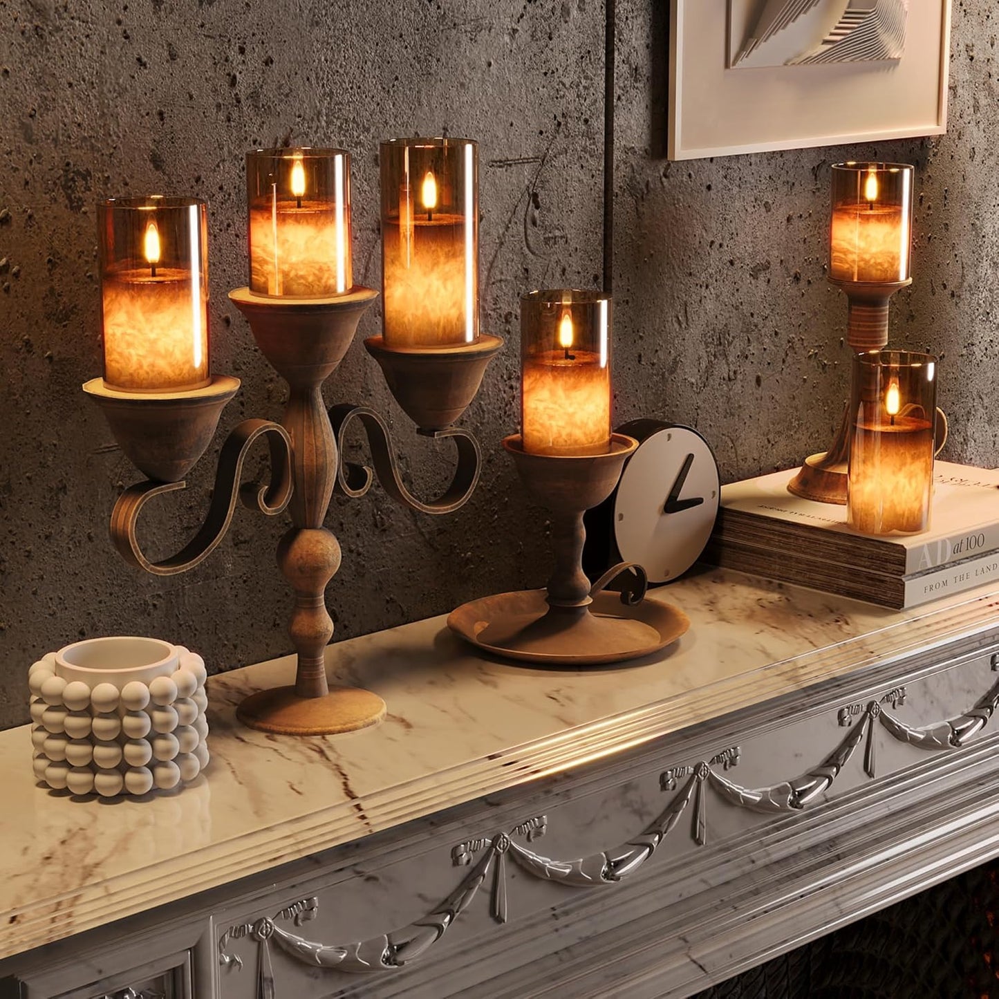 Ice Crystal Real Wax Glass Flameless Candles with Remote & Timer, Battery Operated Candles with Warm Flickering Flame, Realistic LED Candle for Wedding Home Decor [D3×H4/5"/6"] Gold, 3Pack