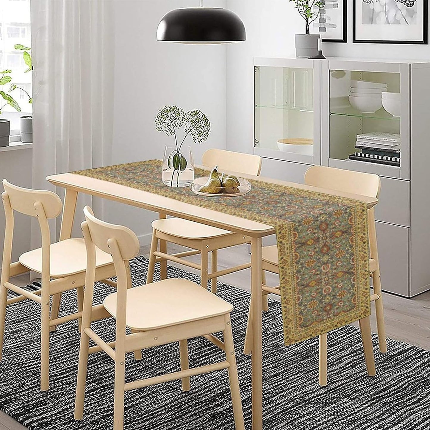 Boho Floral Vintage Beige Blue Table Runner, Retro Flower Rustic Country Farmhouse Abstract Pattern for Home Kitchen Table Decor Dining Coffee Room Party Decor 13x120in