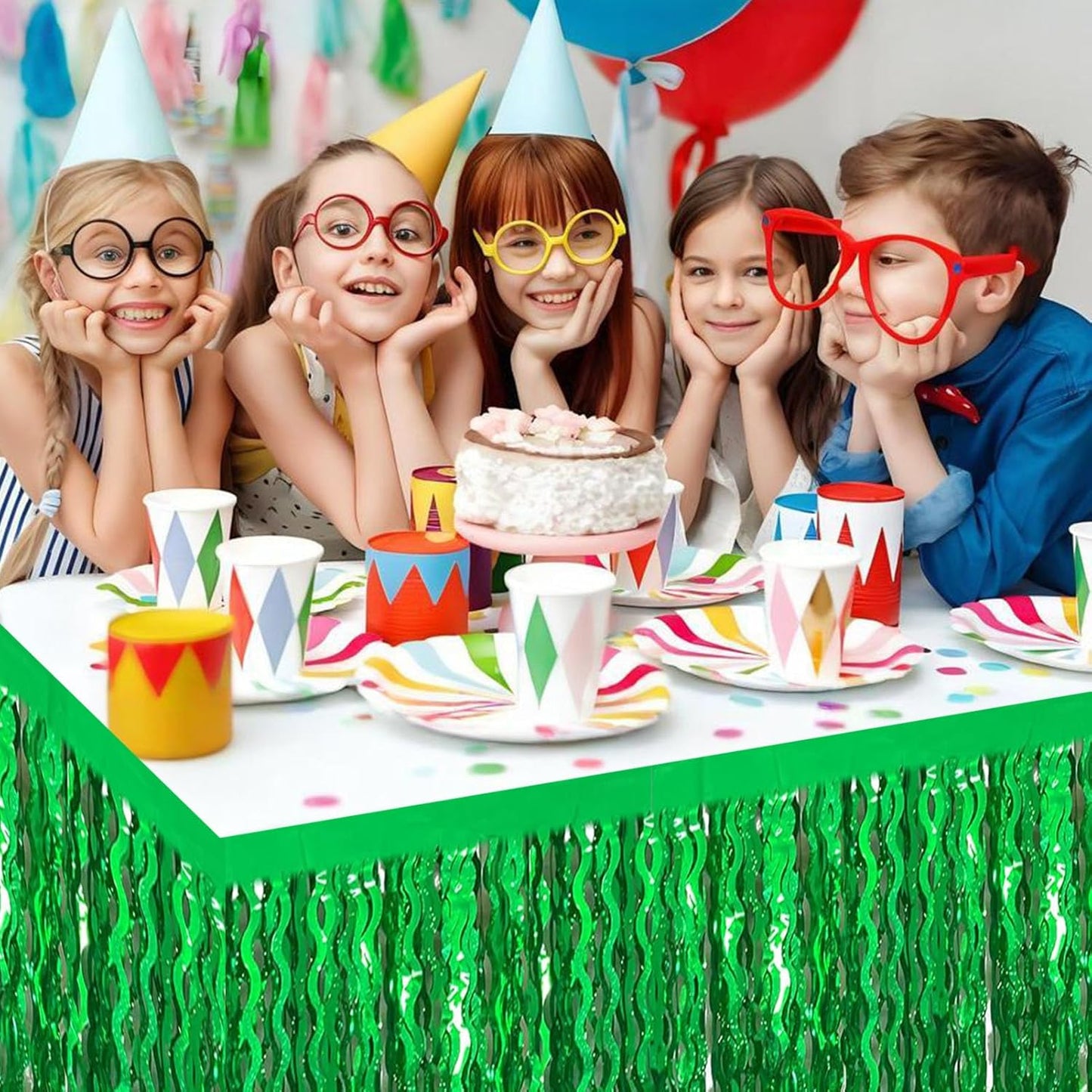 6 Pack 29x108 Inch Green Wave Foil Fringe Table Skirts Metallic Banner for Tinsel Streamer Garland Backdrop for Parade Floats Mother's, Graduate, Mardi Gras, Birthday, Wedding Party Decorations