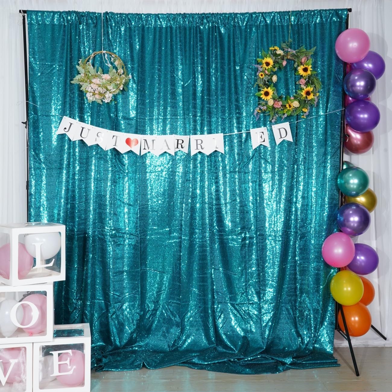 Poise3EHome 8Ft x 10Ft Teal Sequin Backdrop, Glitter Thick Satin Sequin Background Drapes,Sequence Xmas Thanksgiving Backdrop for Wedding Party Holiday Festival Decor