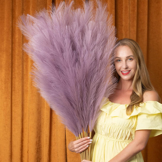 EVODIS Pampas Grass Decor Tall, 43"/110cm Faux Pampas Grass 6 Stems Large Pompass Grass Branches Tall Bulk Boho Flower Arrangement for Home Room Wedding Party Decor (Light Purple)