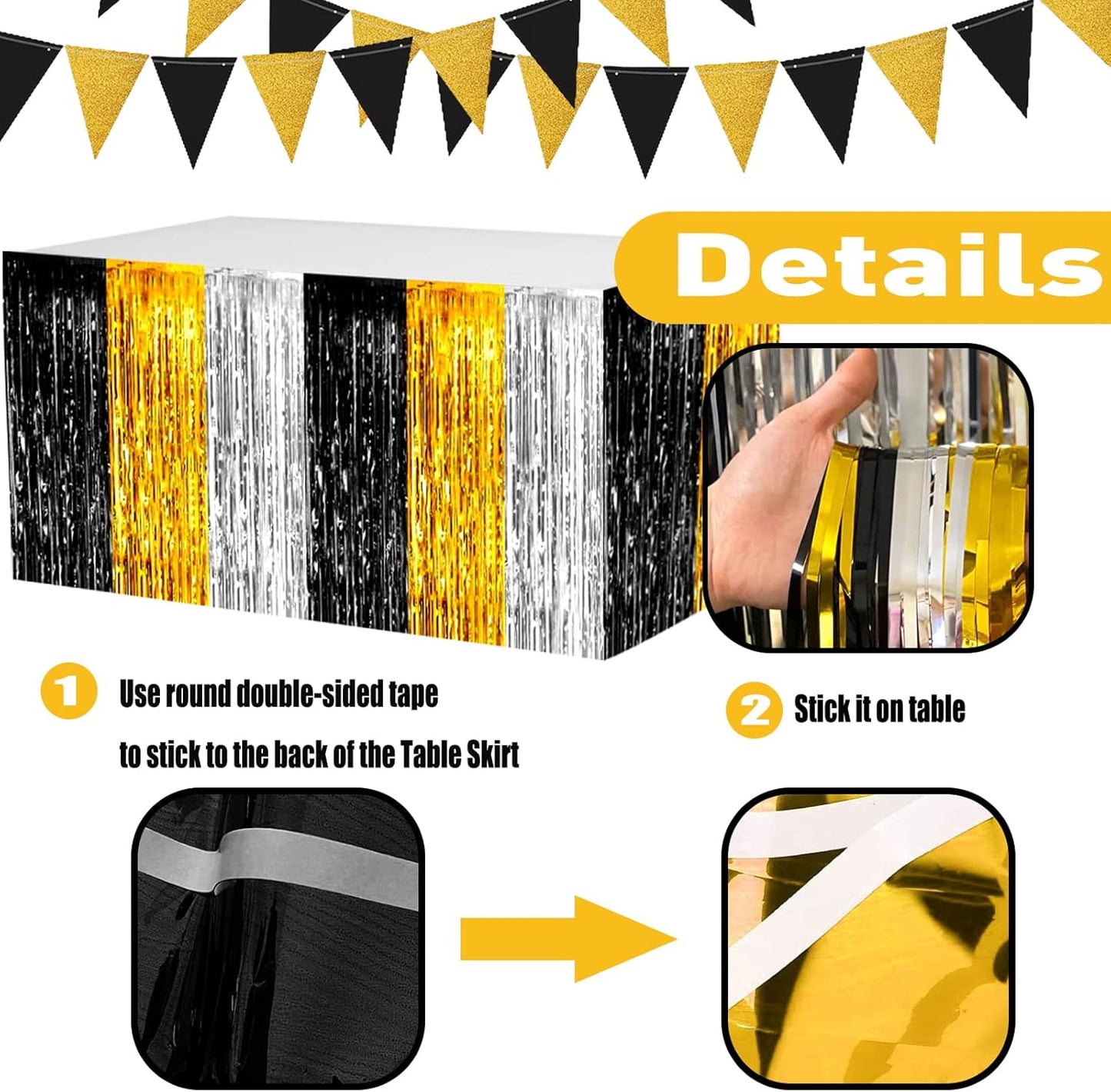 4 Pack 29x108 Inch Metallic Foil Fringe Tinsel Table Skirts for Rectangle Tables Streamer Backdrop for Wedding Birthday, Parade Floats, Christmas, Halloween Party Decoration(Gold Silver Black)
