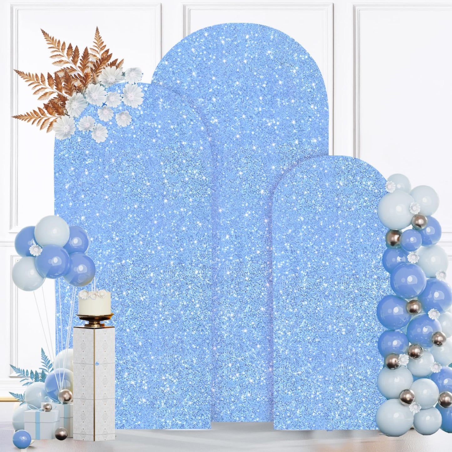 MODFUNS Metal Arch Backdrop Stand and Cover Set 4&5&6ft Light Blue Sequins Arch Backdrop Cover Set of 3 Balloon Arch Frame Romantic Arch Stand with Covers for Wedding Birthday Party Decoration