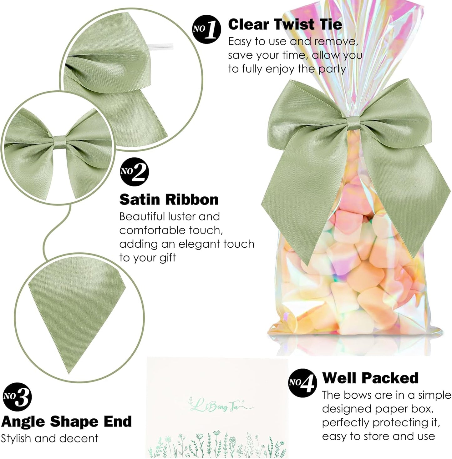 5'' Sage Green Bow Party Decorations Satin Bows, Twist Tie Bows for Treat Bags, Cake Pops, Pre-tied Bow Premade Ribbon Bows for Crafts, Holiday Bows for Gift Wrapping, Wedding Decor-24 Counts