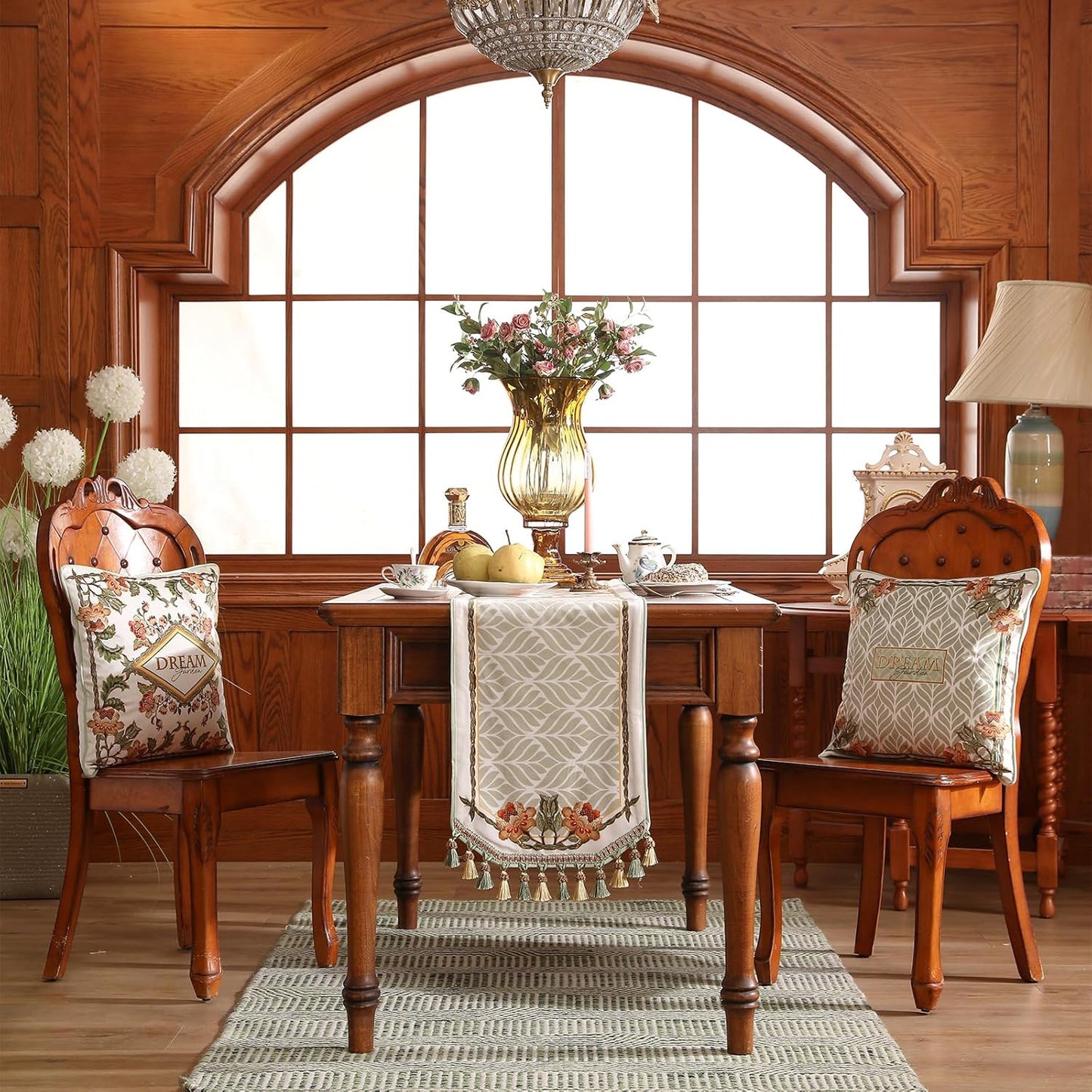 patdrea Designer French Floral Extra Long Velvet Table Runner 118 Inch Long,Green Orange Blossoms Pattern Table Mat, Decor for Kitchen Dining Coffee Table Cabinet Banquet Thanksgiving,16"*118"