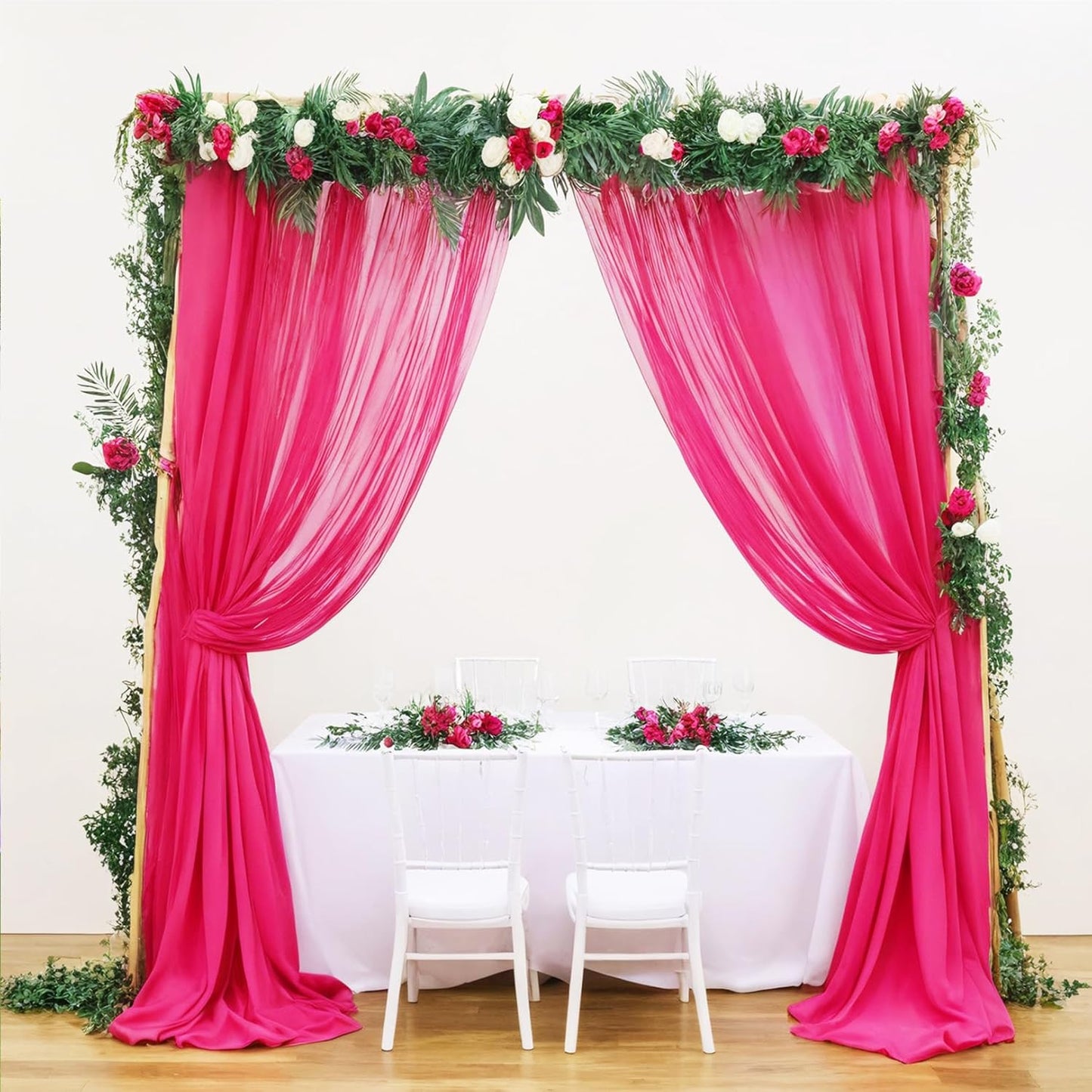 DUOBAO Hot Pink Chiffon Backdrop Curtain 2 Panels 29 Inch (74cm Wide) by 120 Inches (300cm Long) Wedding Chiffon Backdrop Drapes Beach Curtains for Living Room Voile Window Curtain