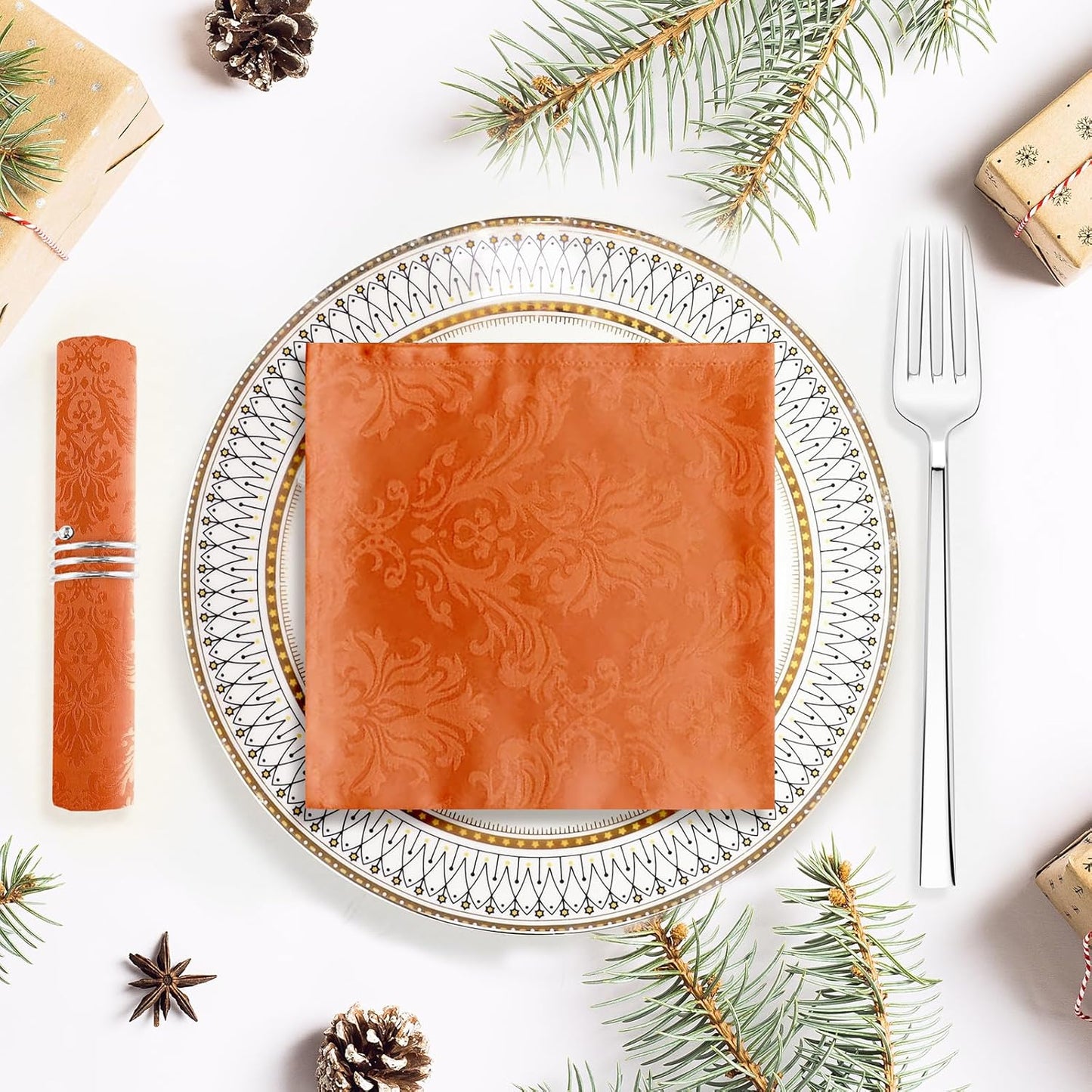 SASTYBALE Rust Jacquard Square Napkin, Damask Wrinkle Free Soft Polyester Napkins, Thanksgiving Fabric Cloth Napkins for Christmas, Wedding,Holiday, Party, Dinners, Set of 4 (Rust, 20X20 inch Napkin)