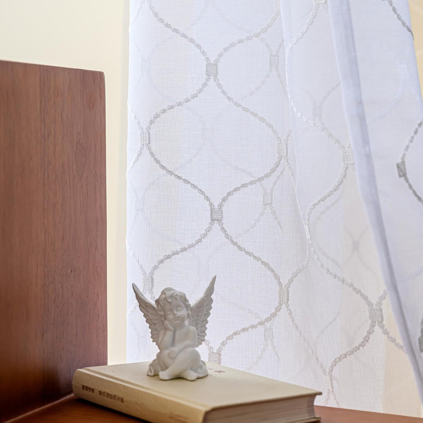 MYSTIC-HOME Embroidery White Sheer Curtains 84 Inches Long, Rod Pocket Sheer Drapes for Living Room, Bedroom, 2 Panels, 52"x84", Semi Crinkle Voile Window Treatments for Yard, Patio, Villa, Parlor.