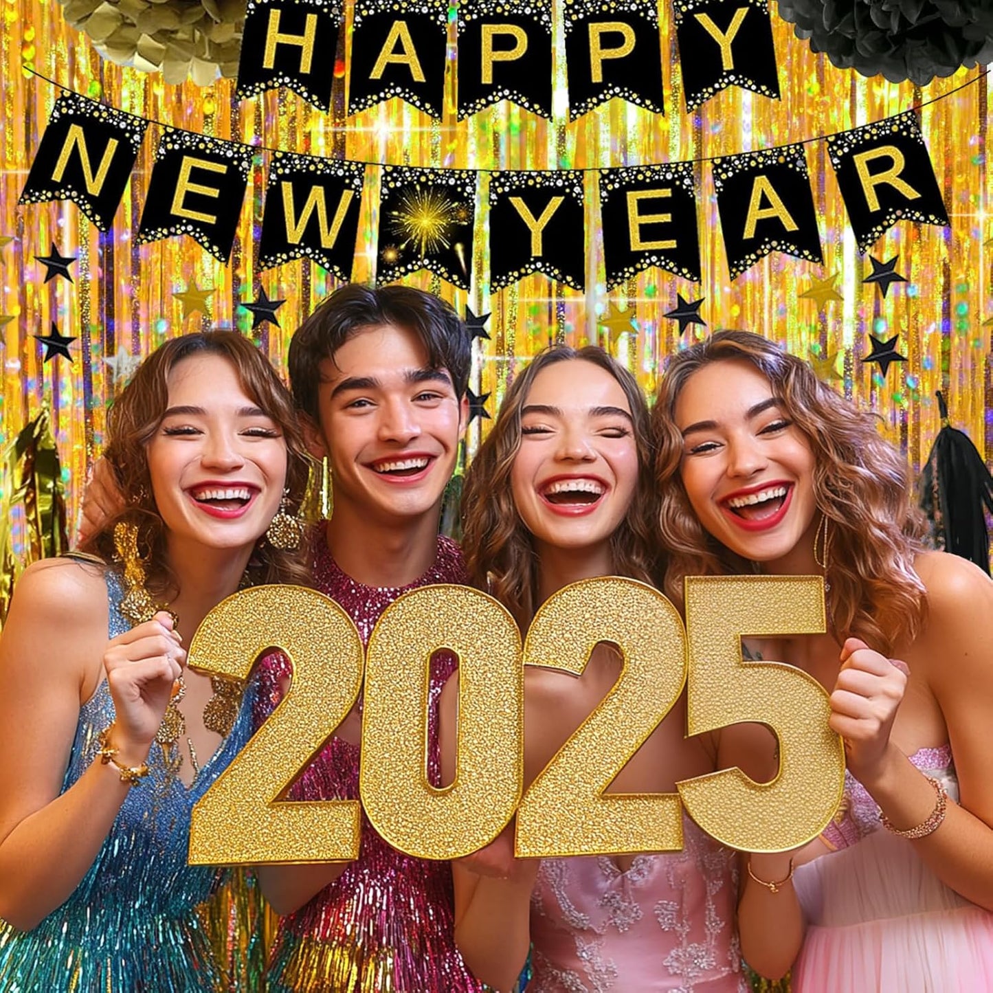 4 Packs Gold Foil Fringe Curtain, Gold Glitter Metallic Tinsel Backdrop for Birthday, Wedding, Baby Shower, Bachelorette, Graduation, Christmas, New Years Eve Party Decorations Supplies