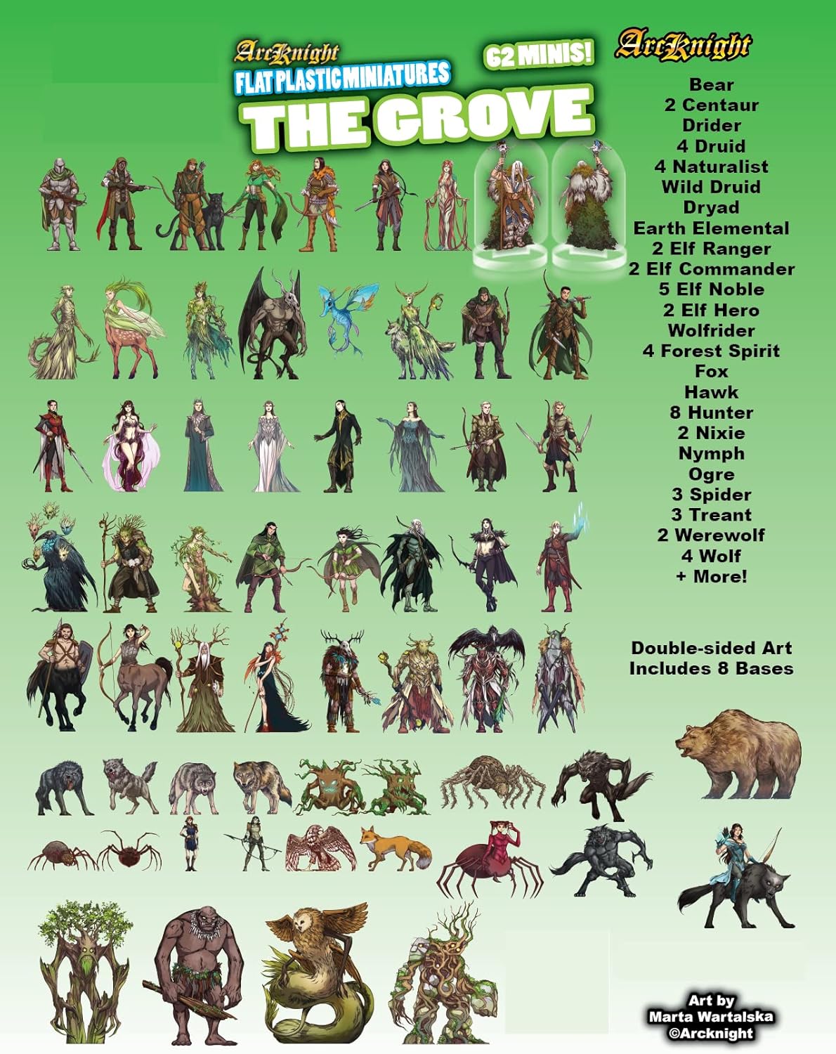 Arcknight Flat Plastic Miniatures: The Grove; 62 Unique Forest-Themed Minis for DND 5e and Pathfinder; Affordable, Skinny Figurines for Dungeons and Dragons and Other Tabletop RPG Games