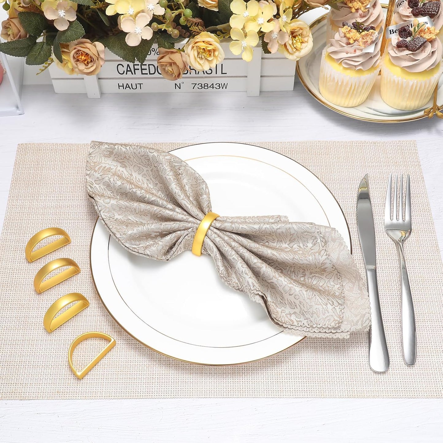KPOSIYA Napkin Rings Set of 20, Metal Gold Napkin Rings Bulk for Table Settings, D-Shape Napkin Holders Rings for Dinner Table Decor, Easter, Fall,Thanksgiving, Christmas, Party,（Matte Gold，20pcs）