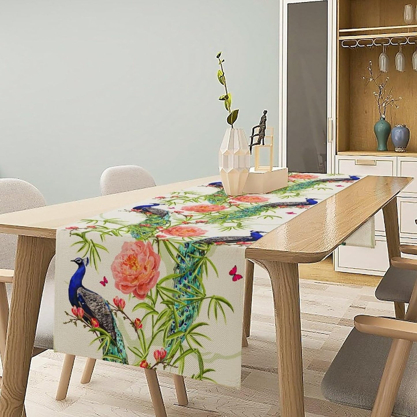 Peacock Table Runner,Seasonal Flower Plants Peacock Birds Table Runner for Home Kitchen Dining Party Indoor Outdoor Decoration 13x70 Inch