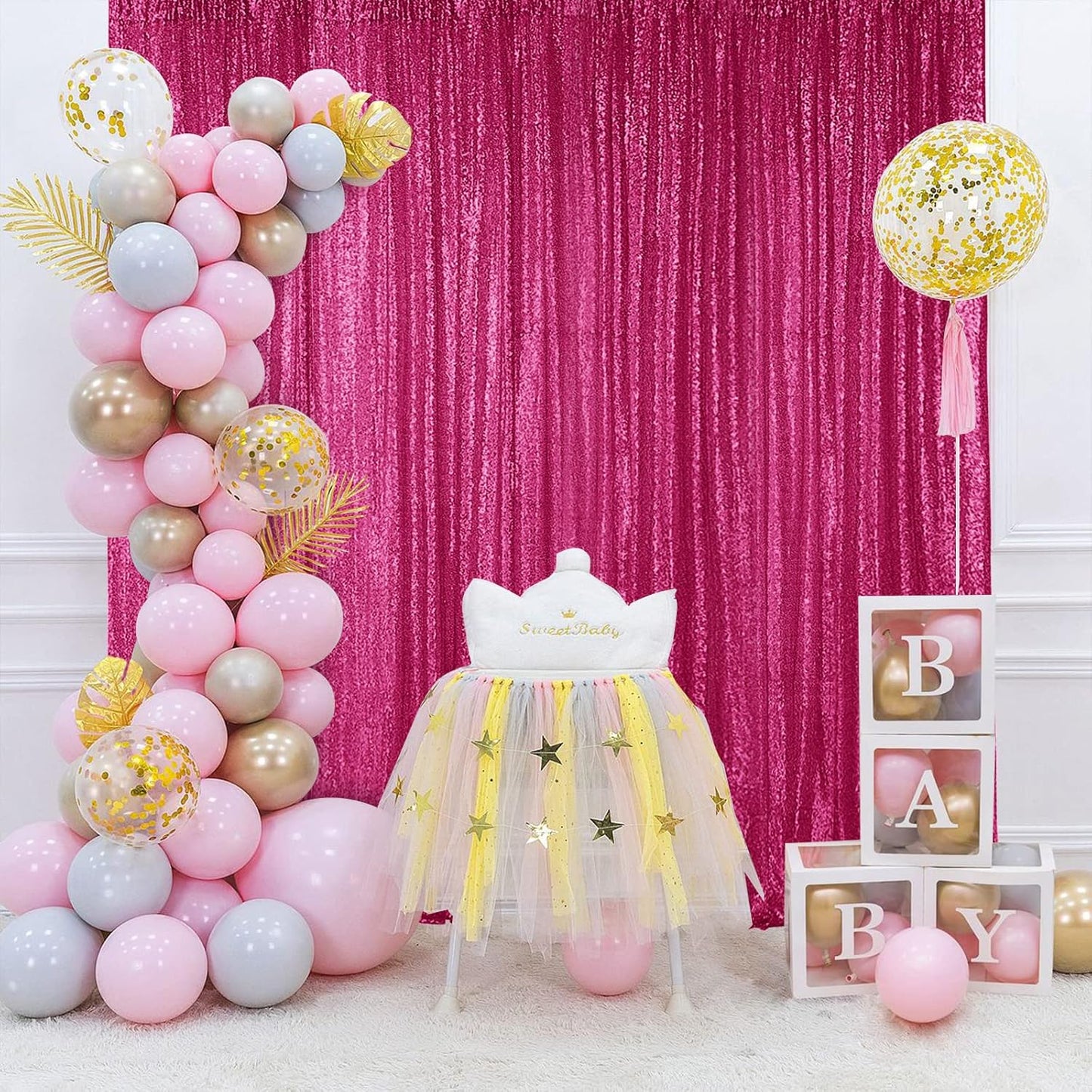 Hahuho Fuchsia Sequin Backdrop Curtain, 4PCS 2FTx8FT Glitter Backdrop Curtain for Parties, Christmas, Wedding, Party Decoration（4 Panels, 2FT x 8FT, Fuchsia