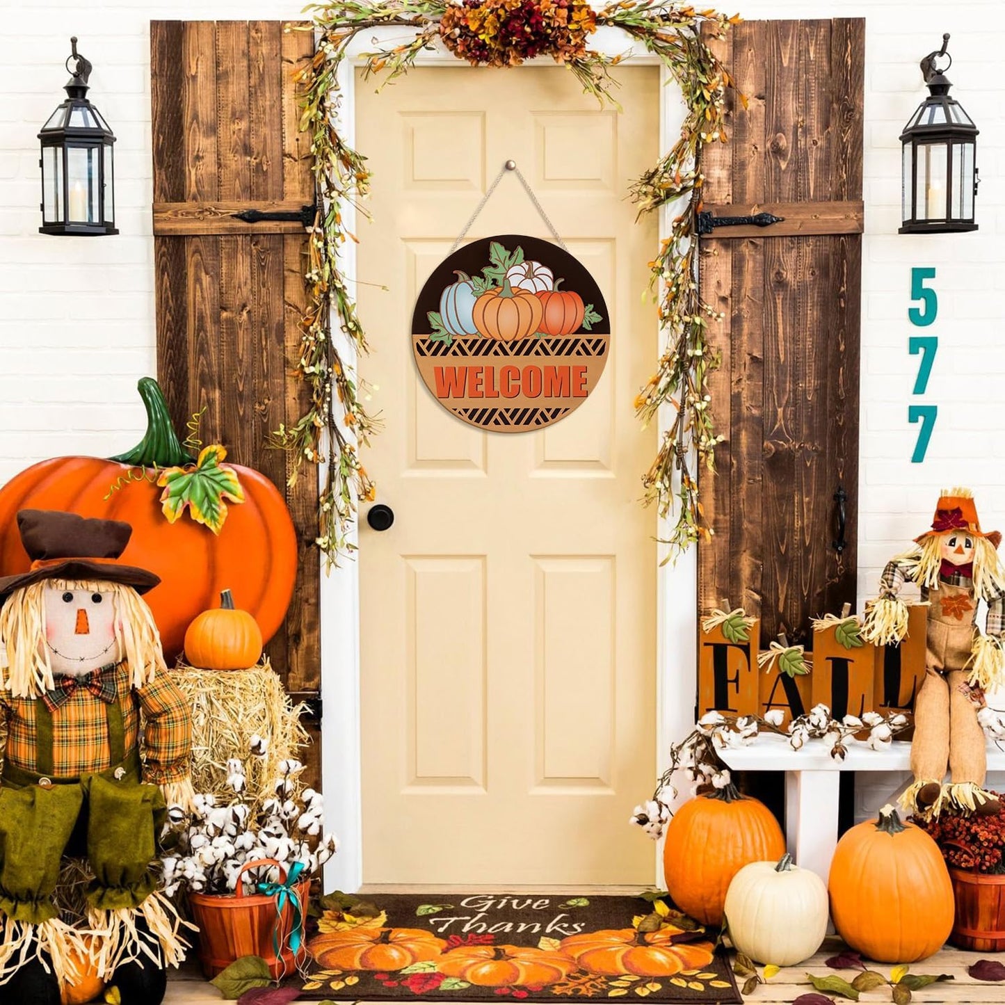 CHDITB Fall Pumpkin Welcome Front Door Sign Wreath(12"x12"), Wooden 3D Hello Fall Autumn Decoration Wall Hanging, Farmhouse Vintage Welcome Home Decor Hanger for Porch Indoor Thanksgiving