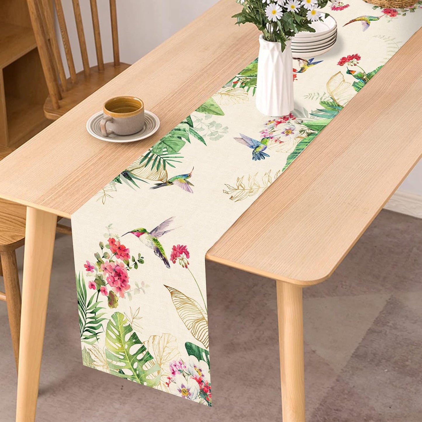 Seliem Summer Tropical Hummingbird Palm Leaf Greenery Table Runner, Spring Birds Home Kitchen Monstera Geranium Flowers Dining Decor, Seasonal Burlap Decorations Anniversary Party Supply 13 x 90 Inch