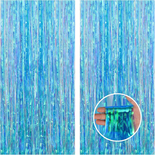 CANREVEL 2 Pack 3.2x6.5 Feet Iridescent Foil Fringe Backdrop Curtains, Clear Blue Tinsel Photo Booth Props Streamers Party Decorations for Birthdays Mermaid Sea Frozen Christmas Party