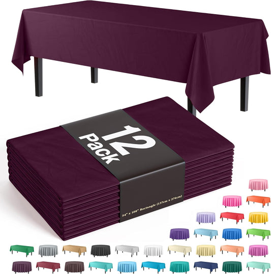 Exquisite 12-Pack Premium Plastic Tablecloth 54in. x 108in. Rectangle Table Cover - Plum