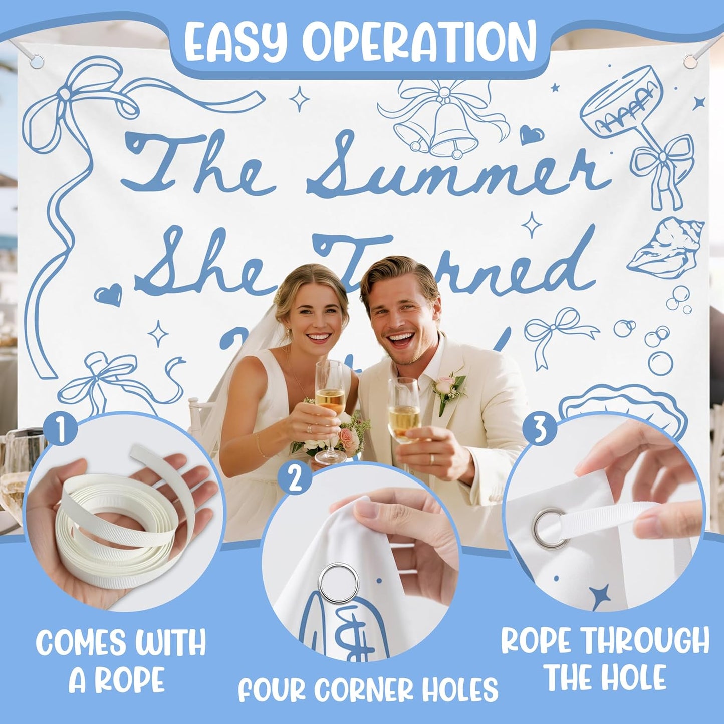 The Summer She Turned Married Backdrop - Beach Wedding Party Decorations - Bridal Shower Bachelorette Party Background Blue