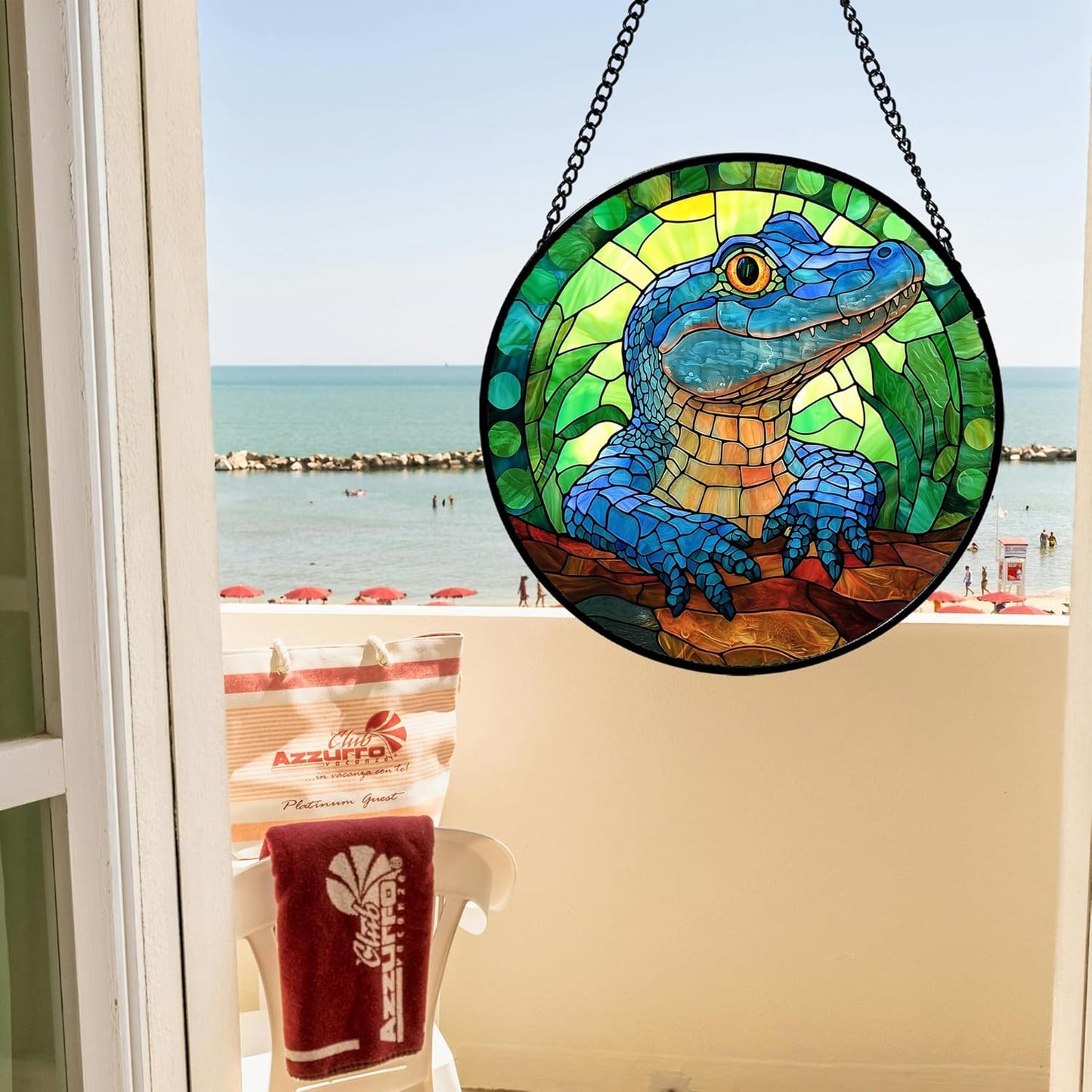 Stained Glass Window Hanging, Blue Alligator Sun Catcher for Window Door Home Decor Green Brown Suncatcher Christmas Mother's Day Birthday Gifts for Women Men Mom and Nana 6.3 in