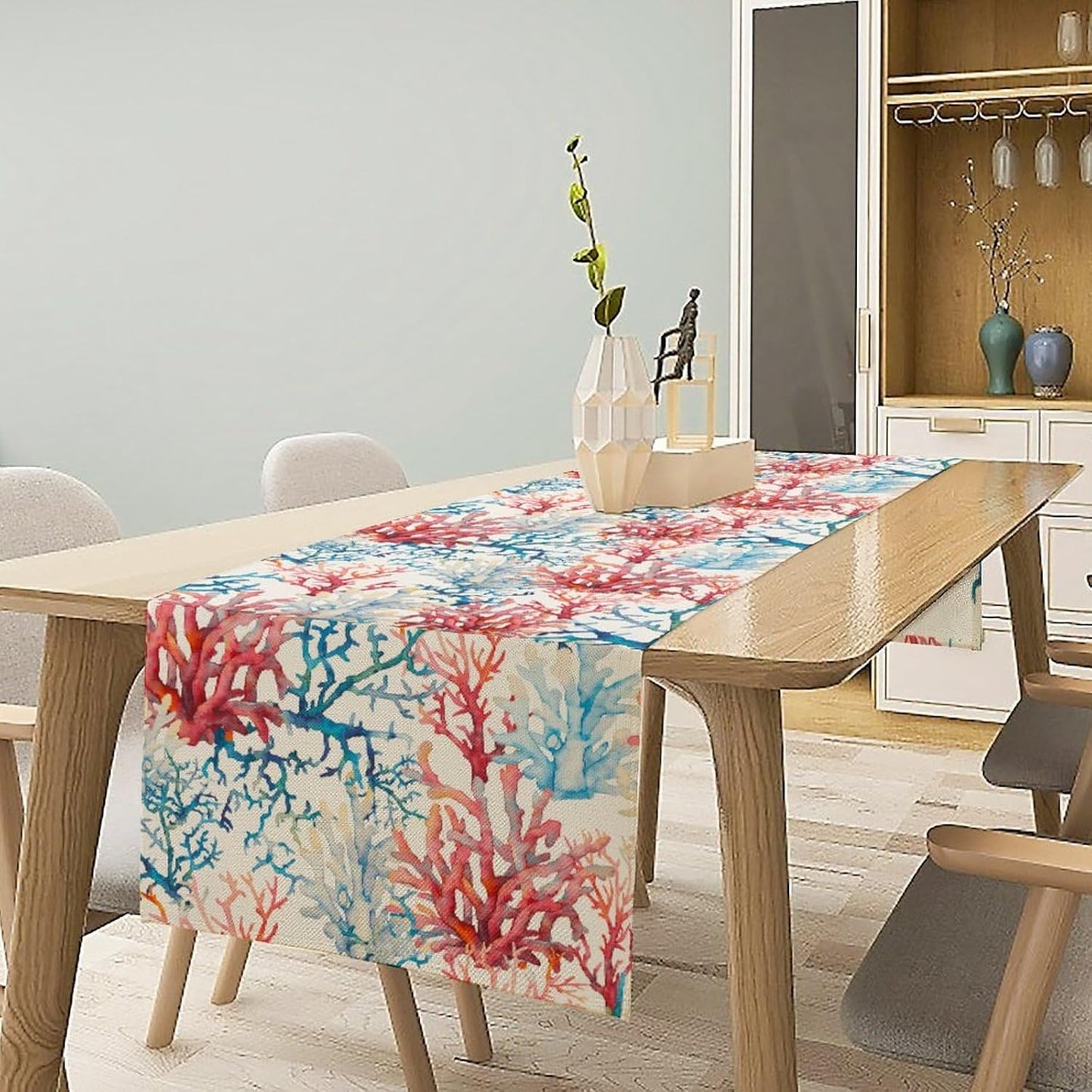 Blue Beach Table Runner, Tropical Ocean Coast Table Runner, Seashell Seasonal Nautical Restaurant Coffee Table Decorations for Home Holiday Party Indoor Outdoor 13x108 Inch