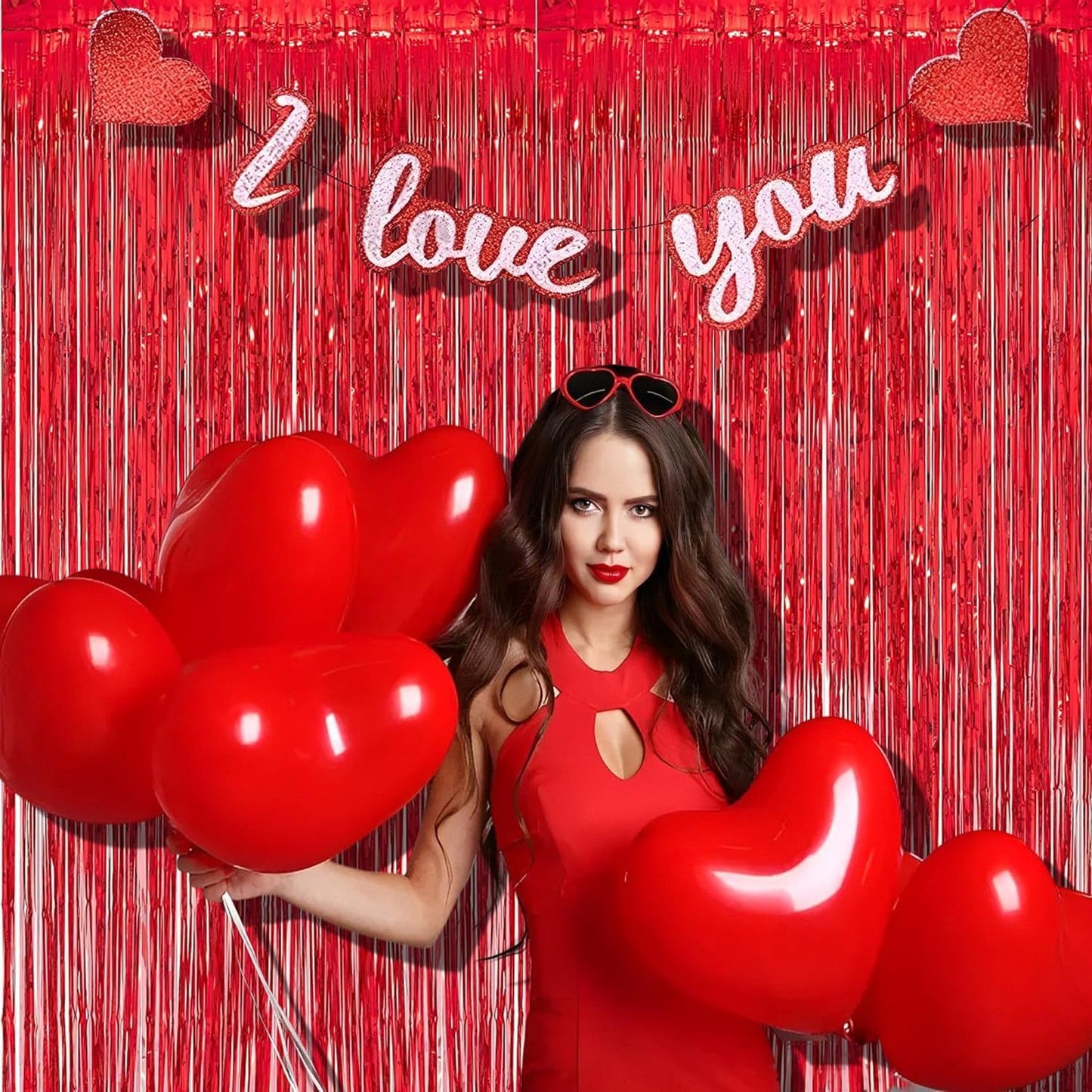 Foil Fringe Curtain Christmas Party Decorations - Red Metallic Tinsel Photo Booth Backdrop Party Steamers Curtains for Christmas New Years Valentines Engagement Celebration Party