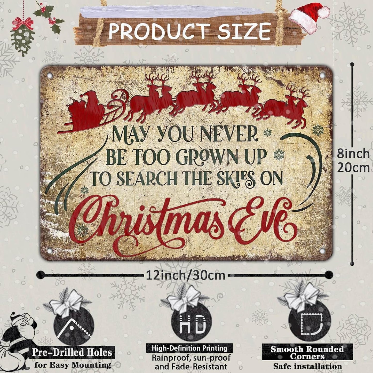 Christmas Signs Vintage Metal Tin, May You Never to Too Grown Up to Search The Skies Christmas Eve 8x12 Inch Rustic Wall Art for Festive Home Decor and Holiday Gifts