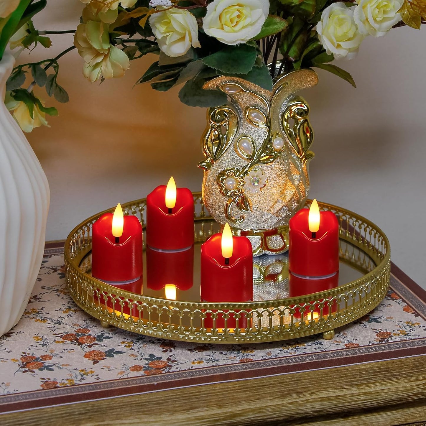 6 Pack Battery Operated Auto Daily Timer Burgundy Plastic LED Flameless Votive Candles, Long Runtime 1.6" x2.3" Flickering Tealight Candles with Remote Control