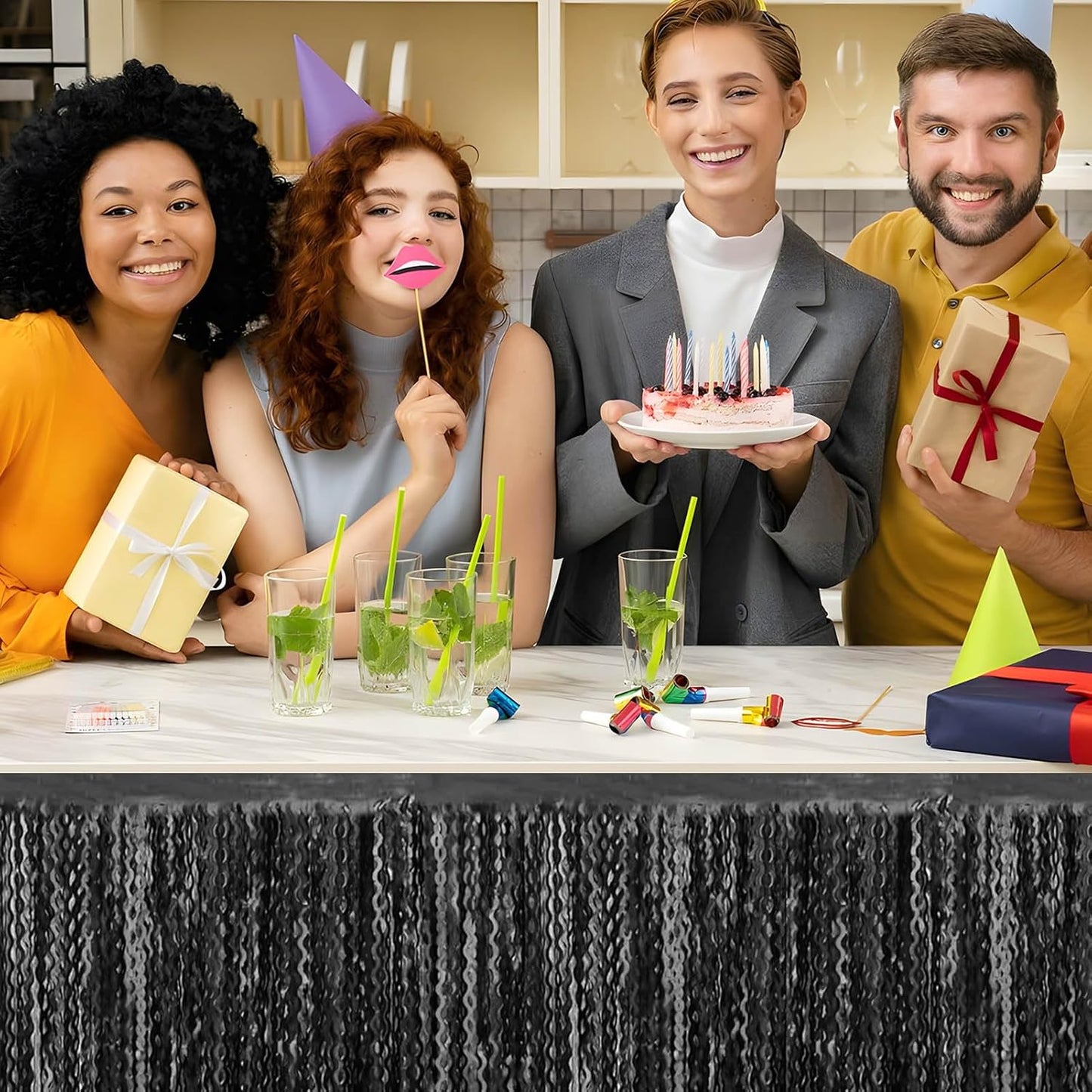 6 Pack 29x108 Inch Black Wave Foil Fringe Table Skirts Metallic Banner for Tinsel Streamer Garland Backdrop for Parade Floats Wedding, Mother's Day, Birthday Mardi Gras Party Decorations