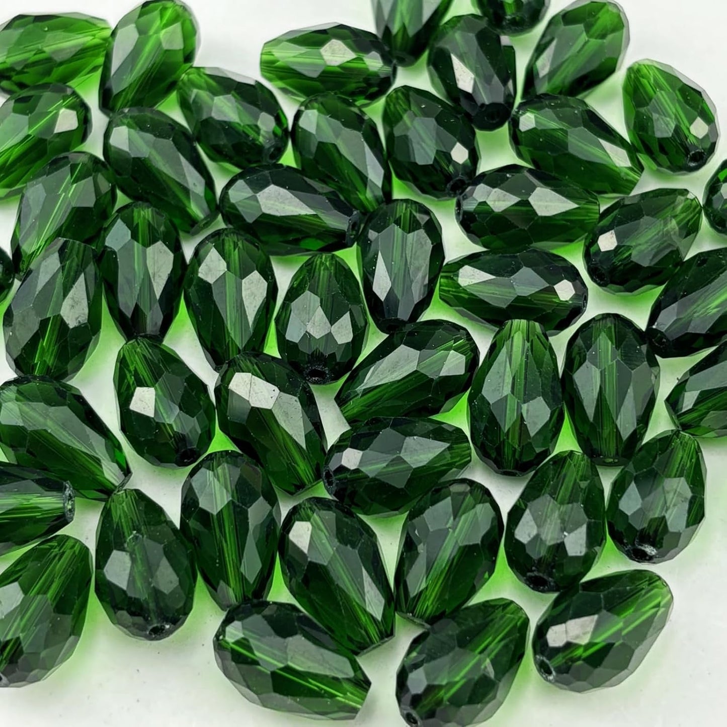 130pcs 6x8mm Teardrop Crystal Glass Beads for Jewelry Making, Faceted Vertical Hole Teardrop Glass Spacer Beads for Wind Chimes Bracelet Earring Necklace DIY Craft(Dark Green)