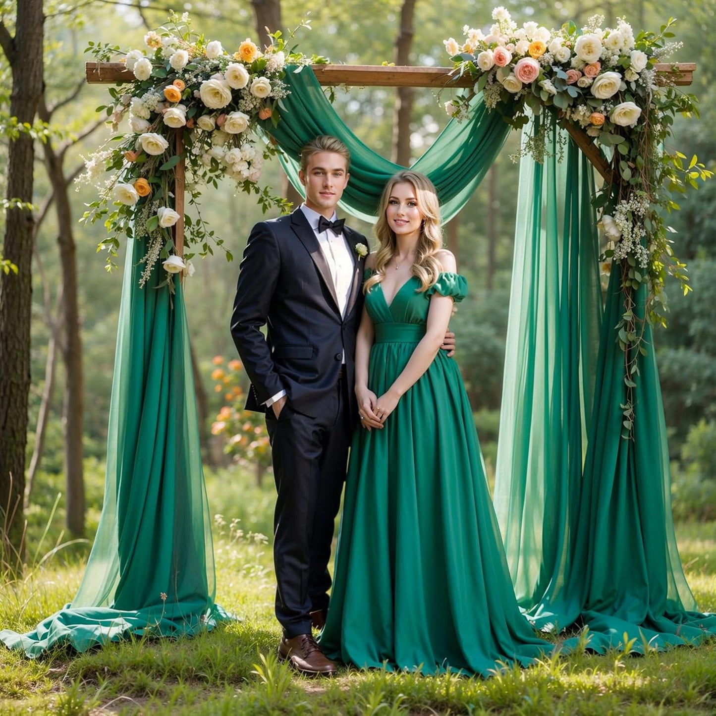 Wedding Arch Draping Fabric,2 Panels 18FT Emerald Green Sheer Chiffon Curtain Drapes 6 Yards for Wedding Ceremony Birthday Party Decoration