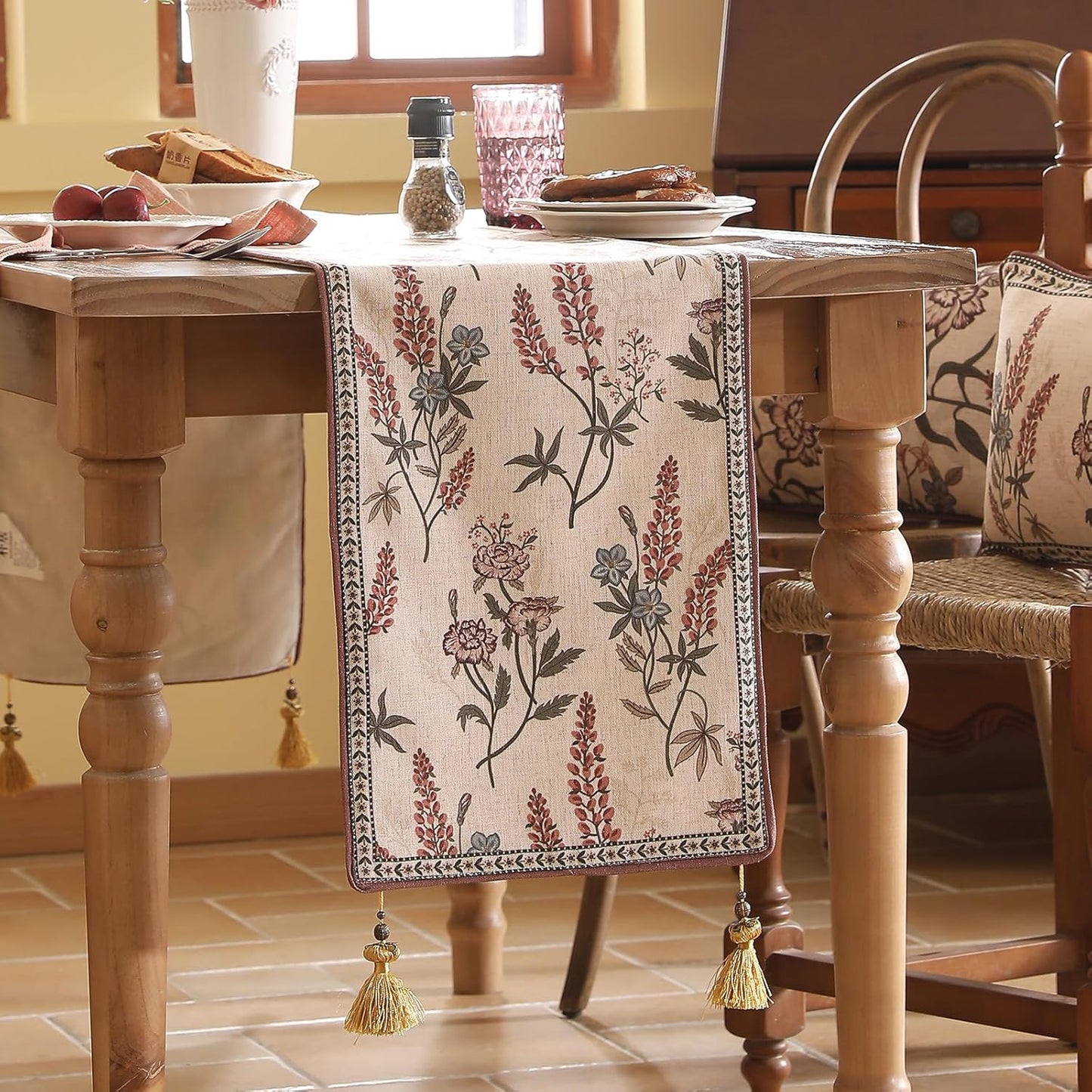 ISAENNE Designer Light Beige Linen Extra Long Table Runner 118 Inches,Vintage Floral Wrinkle Resistant Table Runners for Dining Tables,Christmas,Thanksgiving,Kitchen Tables,12"*118"-Helena A