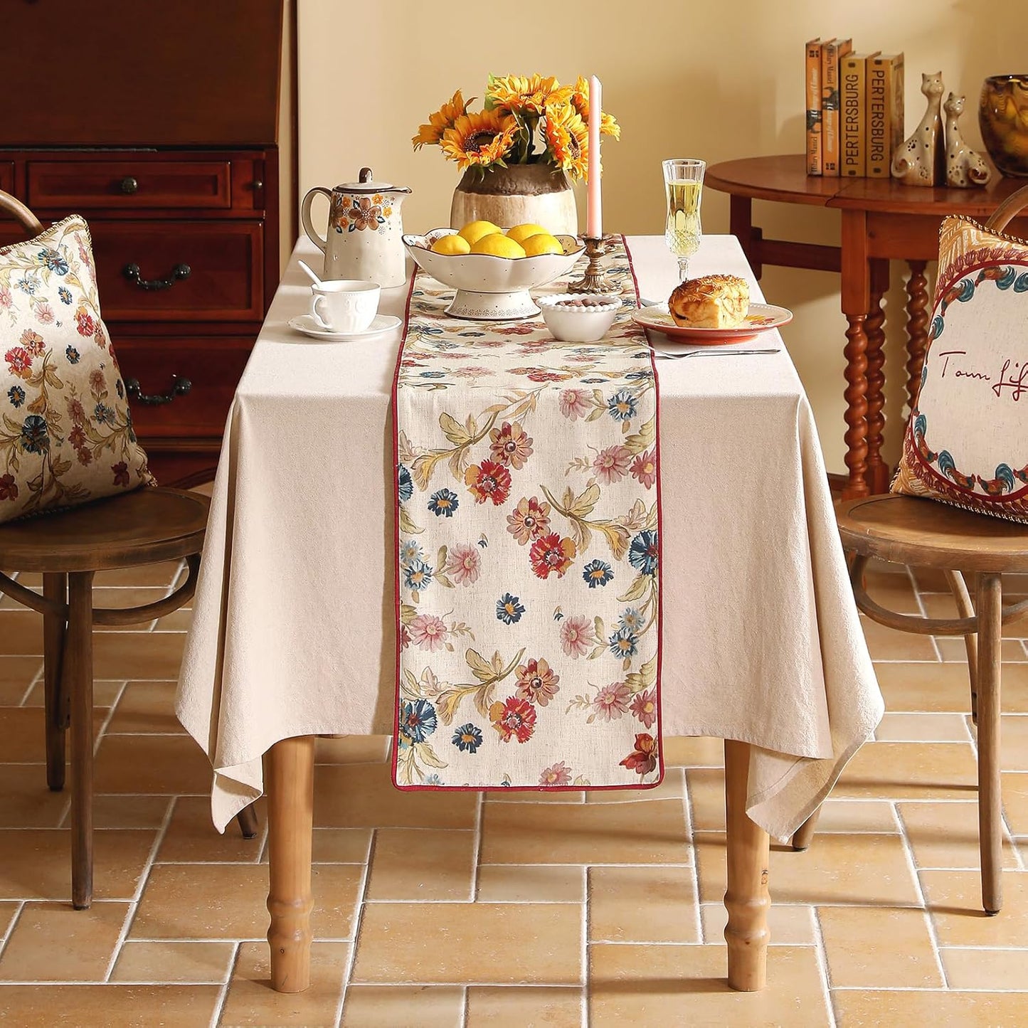 patdrea Designer Farmhouse Linen Extra Long Table Runner, Rustic Cottage Beige with Floral Pattern Fabric Table Mat, Decoration for Kitchen Dining Coffee Table Banquet Christmas , 12"*118"