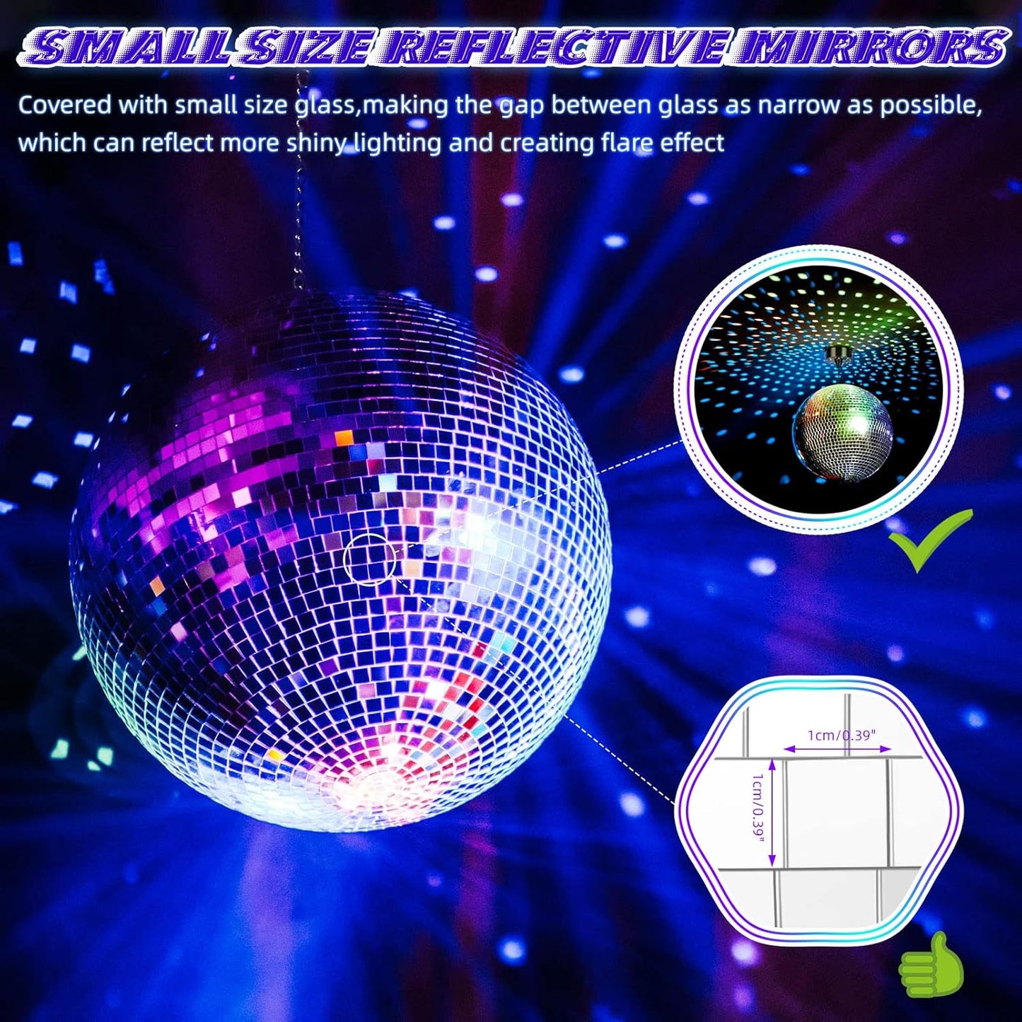 Disco Ball with Motor and Light, 8" Hanging Mirror Ball and 6RPM Batteries Powered Rotating Motor with 4 Light Colors and 18 LEDs for Disco Party Decoration, DJ Club
