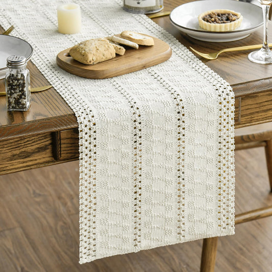 Artoid Mode Beige Farmhouse Woven Rustic Hollow Table Runner, Seasonal Holiday Hollow Kitchen Dining Table Decoration for Home Party Decor 12x90 Inch