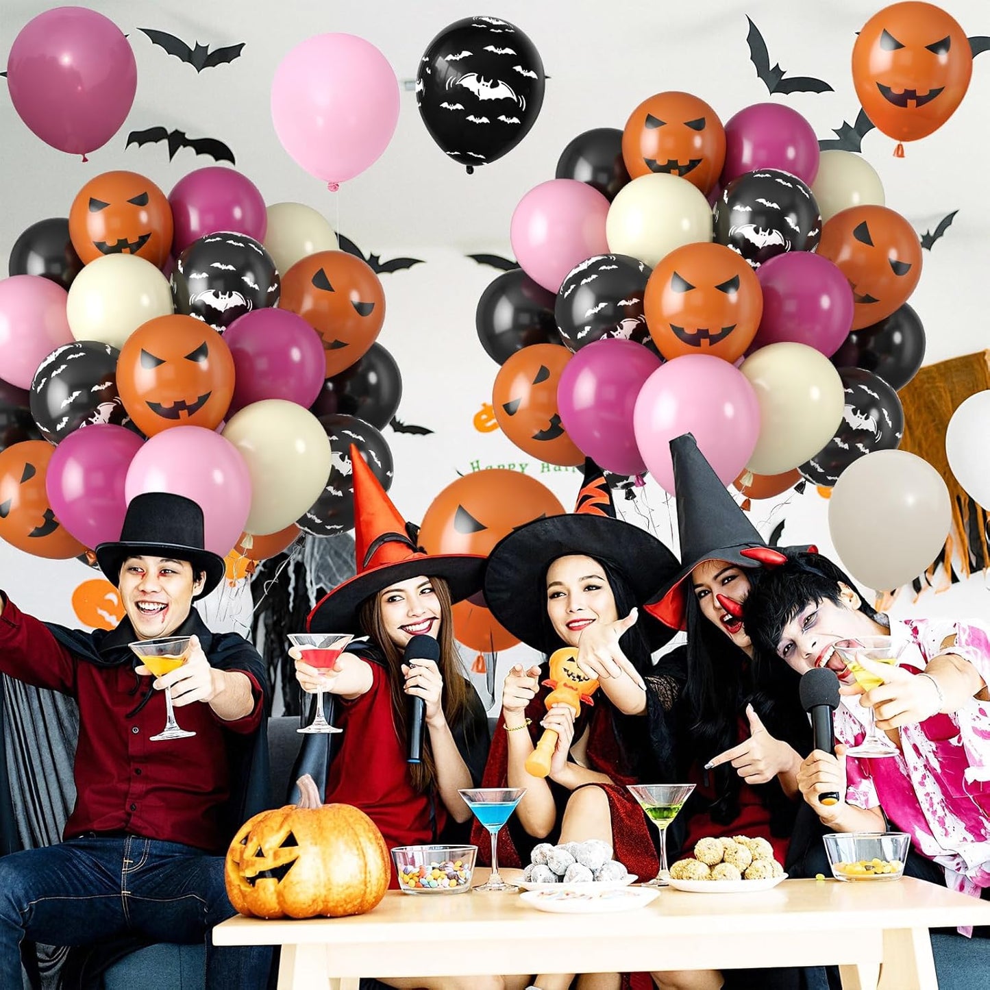 Halloween Party Balloons, Black Hot Pink Orange Balloons, Retro Peach Red Pastel Pink Balloon Black Bat Orange Pumpkin Printed Balloon for Halloween Birthday Baby Shower Home Garden Party Decoration