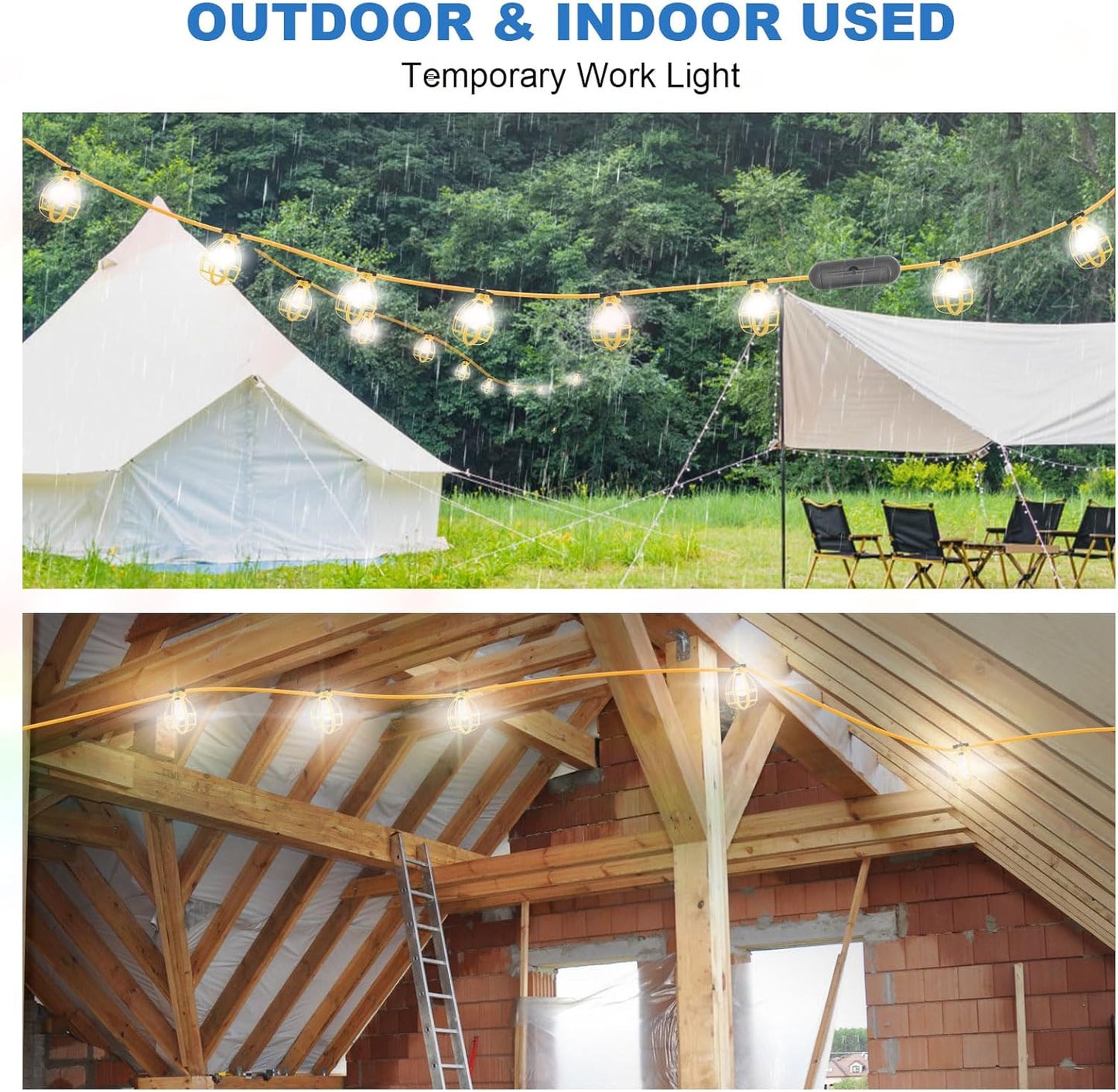 50FT Construction String Lights with Outdoor Extension Cord Safety Cover, 50W 5 Bulbs Work Lights, IP65 Waterproof, 4000LM 6500K Temporary Lighting for Workshop, Mine cave, Job Site