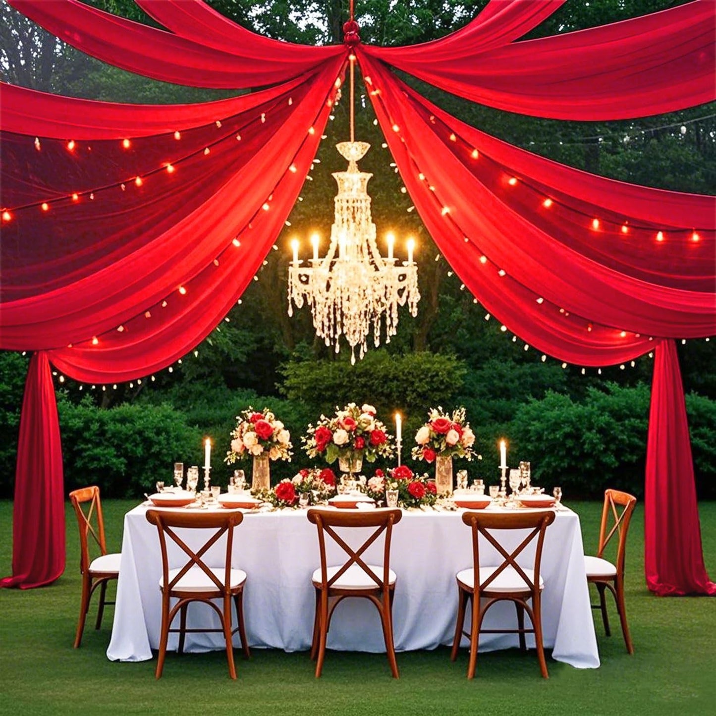 FUHSY Red Ceiling Drapes for Wedding Ceiling Drapes 5x20 FT 4 Panels Ceiling Draping Fabric Wedding Arch Drapery Fabric Sheer Backdrop Curtain Voile Drapes for Ceremony Outdoor Ceiling Decorations